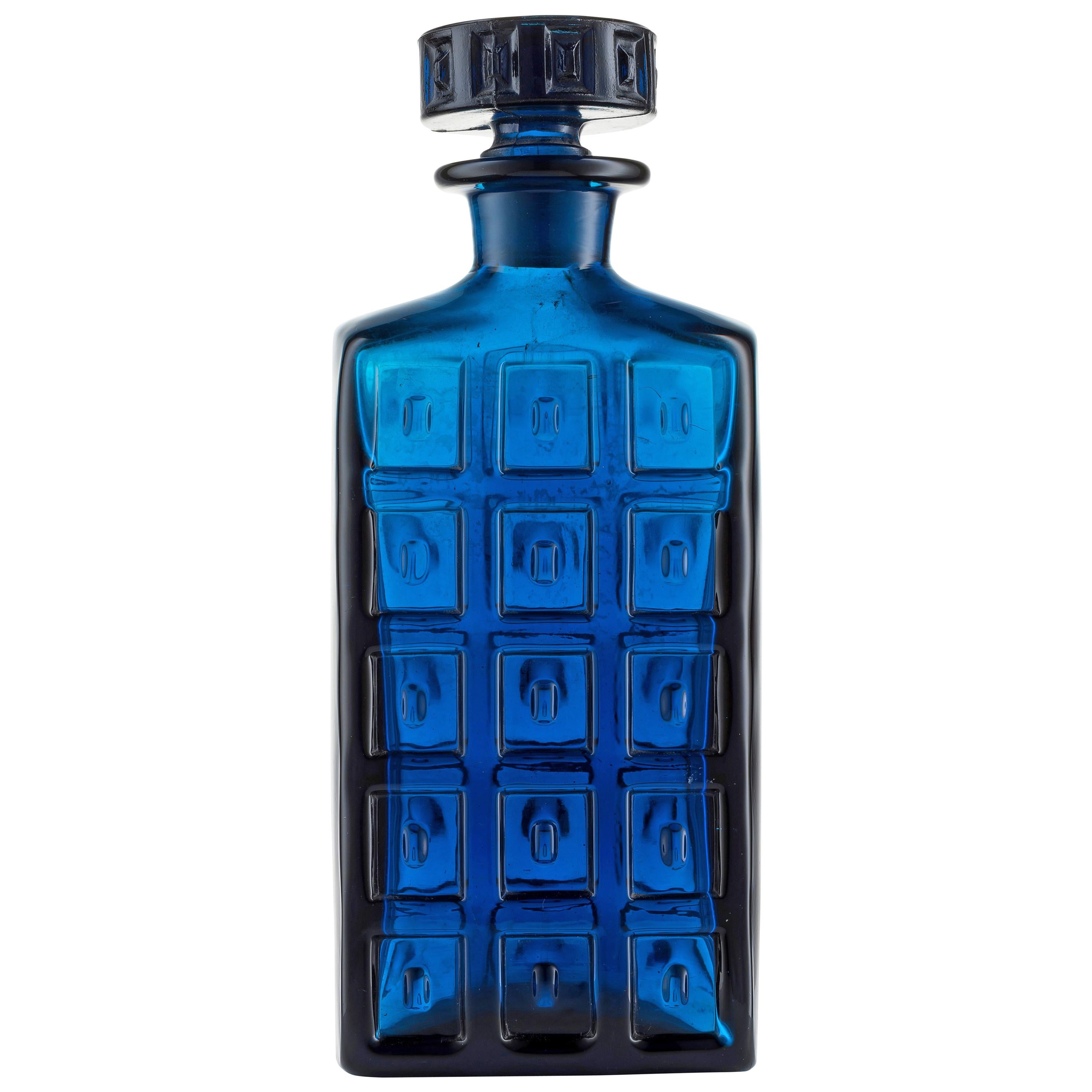 Handmade Art Glass Whisky Decanter in Cobalt Blue with Impressed Surface Design For Sale