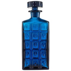 Retro Handmade Art Glass Whisky Decanter in Cobalt Blue with Impressed Surface Design