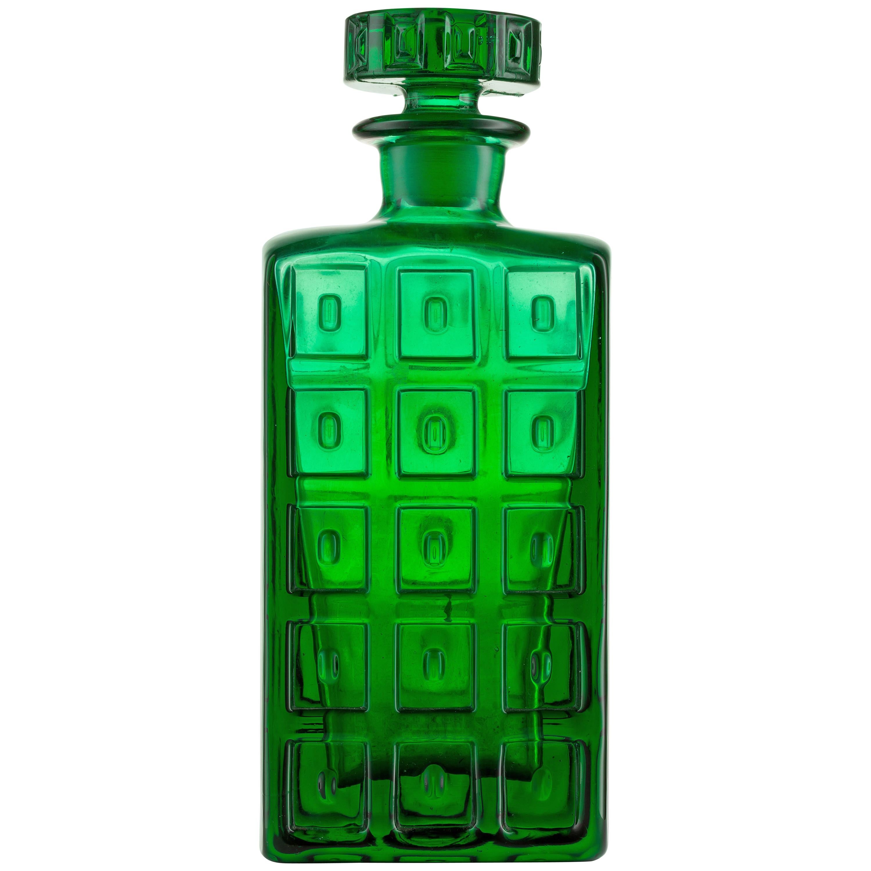 Handmade Art Glass Whisky Decanter in Emerald Green with Impressed Pattern For Sale