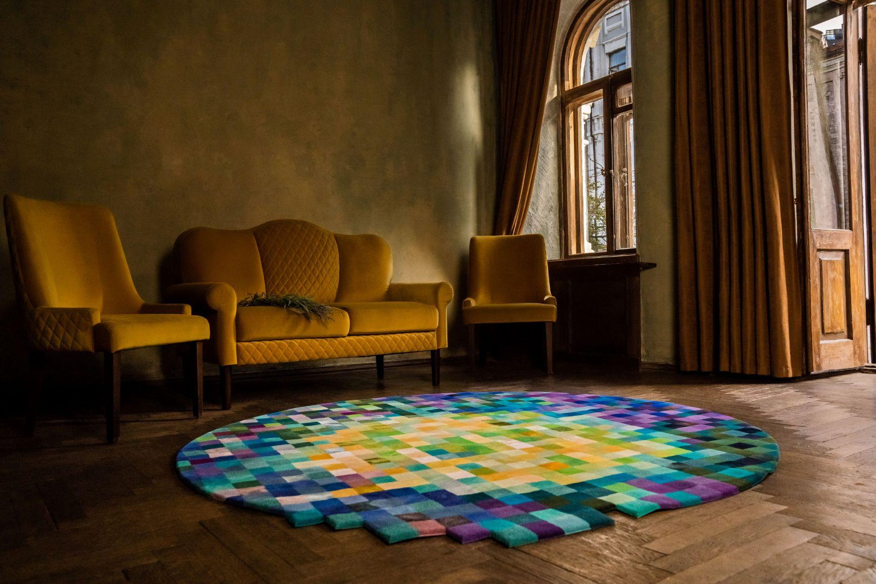 Arts and Crafts Handmade Art Round Rug from New Zealand Wool, Forest Island For Sale