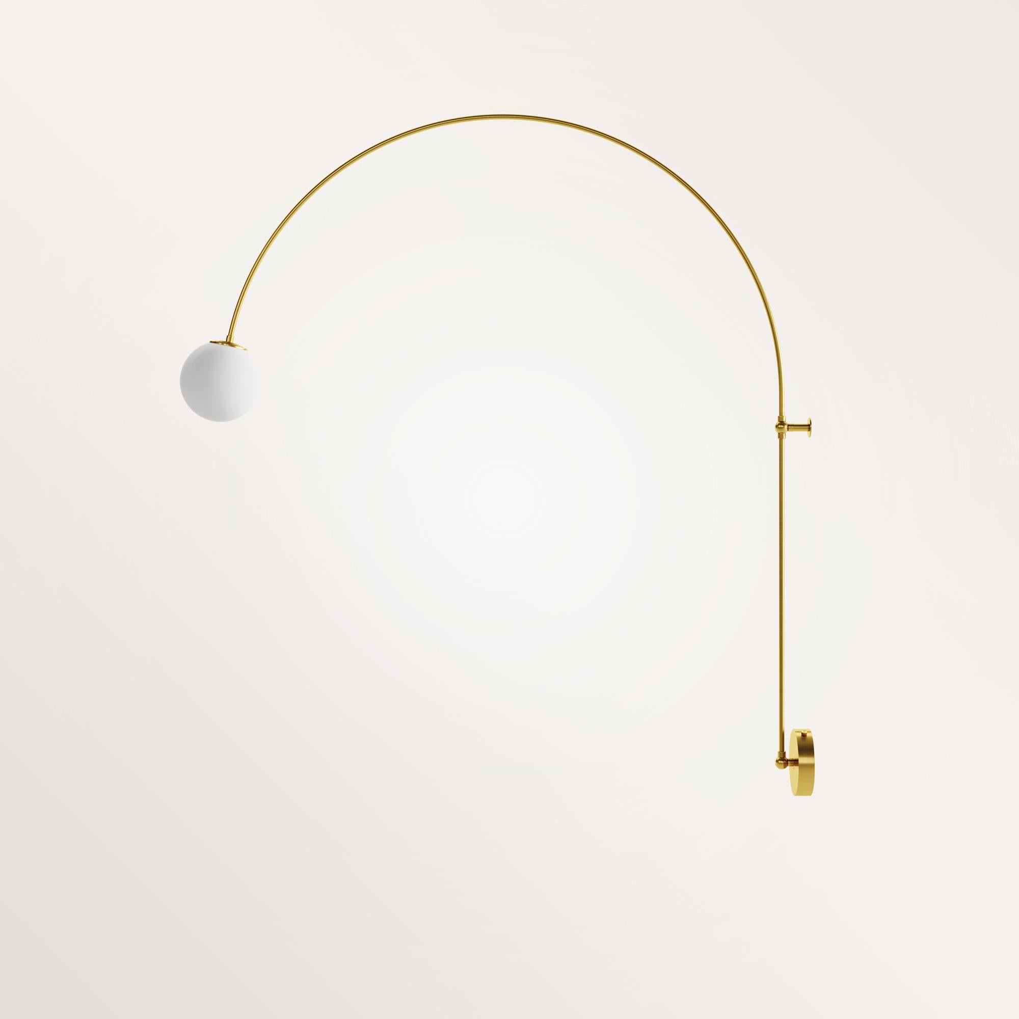 Handmade artemis wall lamp by Gobo Lights
Dimensions: 90 L X 12 l X 100 H
Materials: Brass, Opaline

This lamp takes the shape of the bow used by Artemis, the goddess of the hunt.

Self-taught and from the world of chemistry, this Belgian