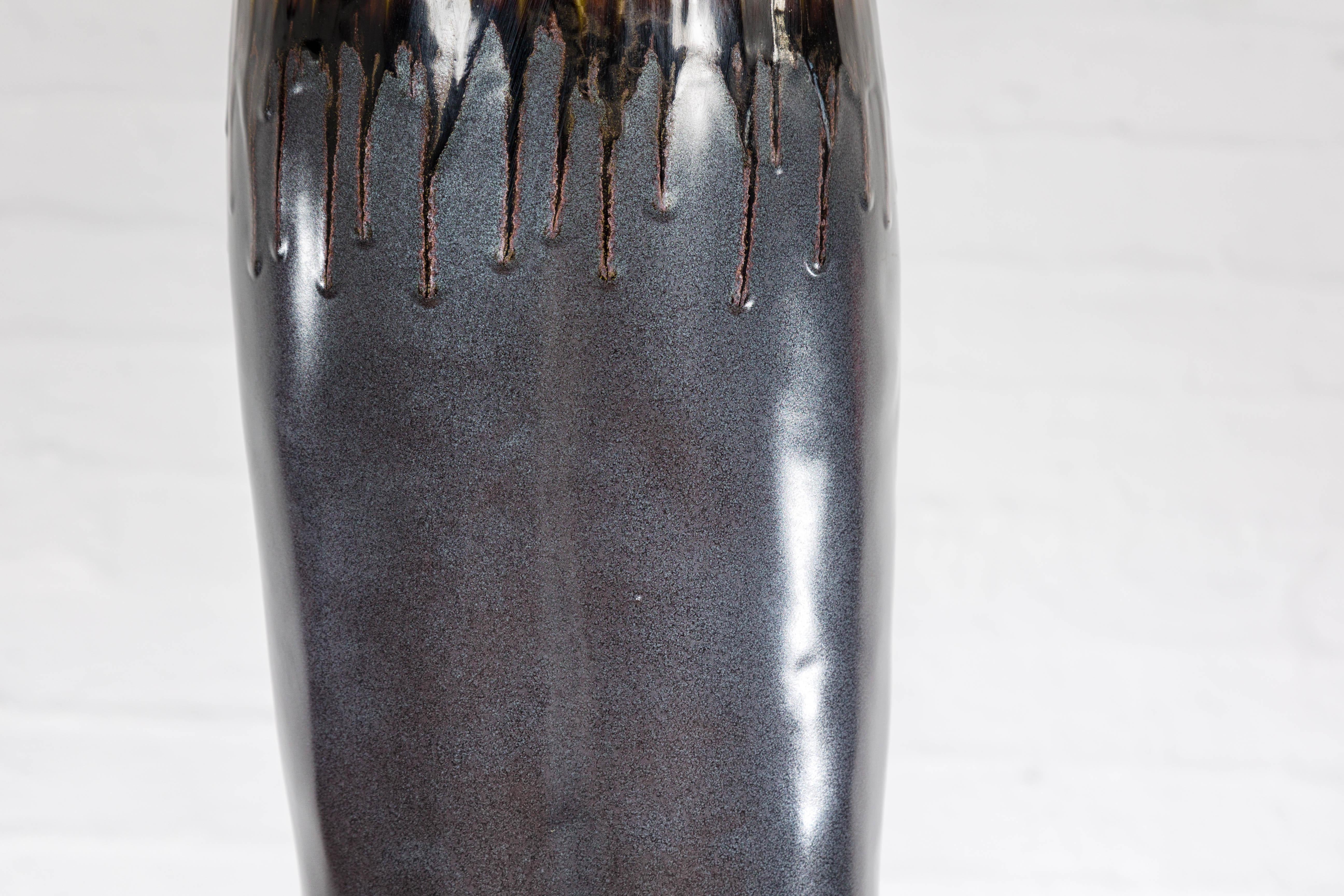 Handmade Artisan Ceramic Vase with Olive Green, Dark Grey and Brown Dripping For Sale 5