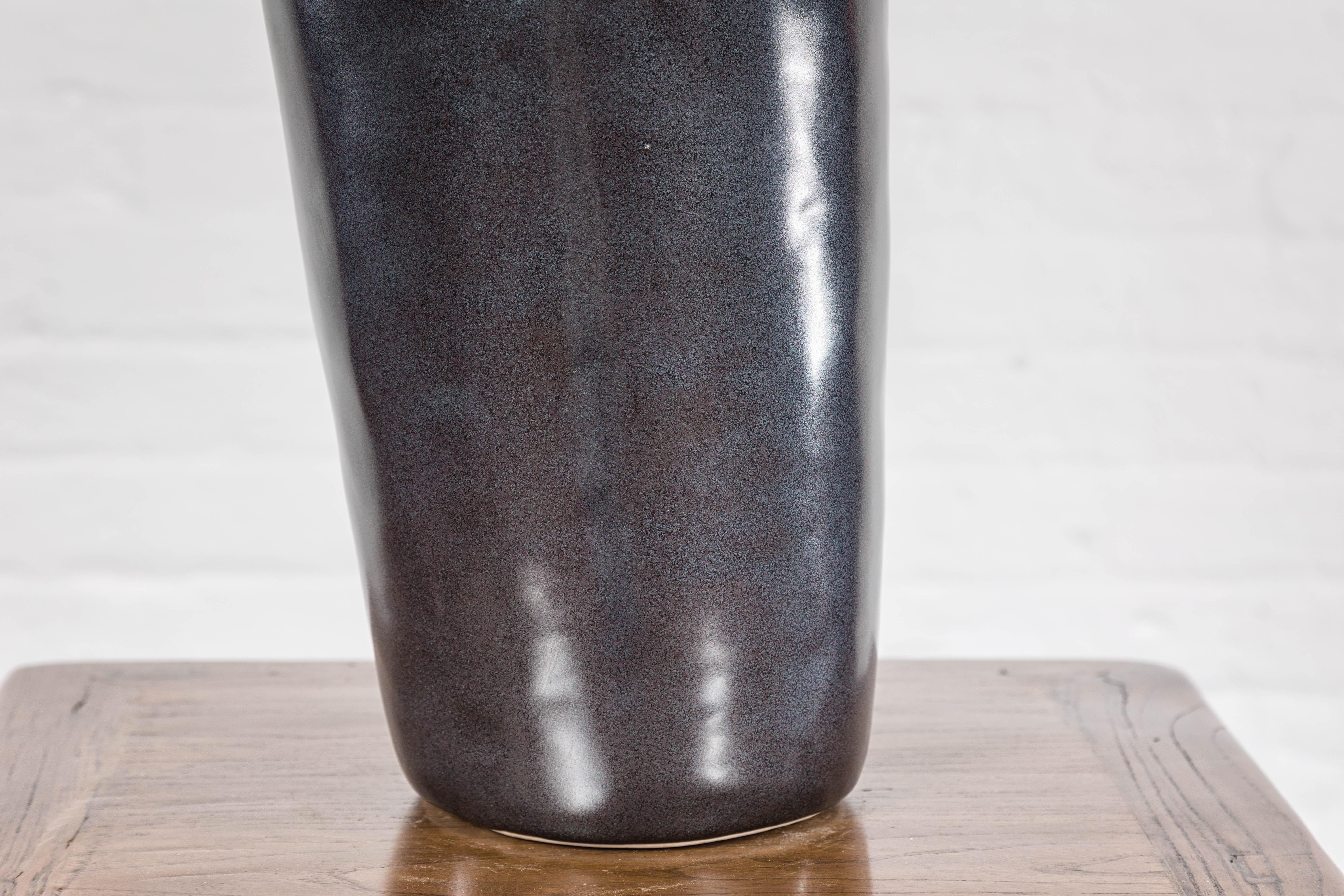 Handmade Artisan Ceramic Vase with Olive Green, Dark Grey and Brown Dripping For Sale 6