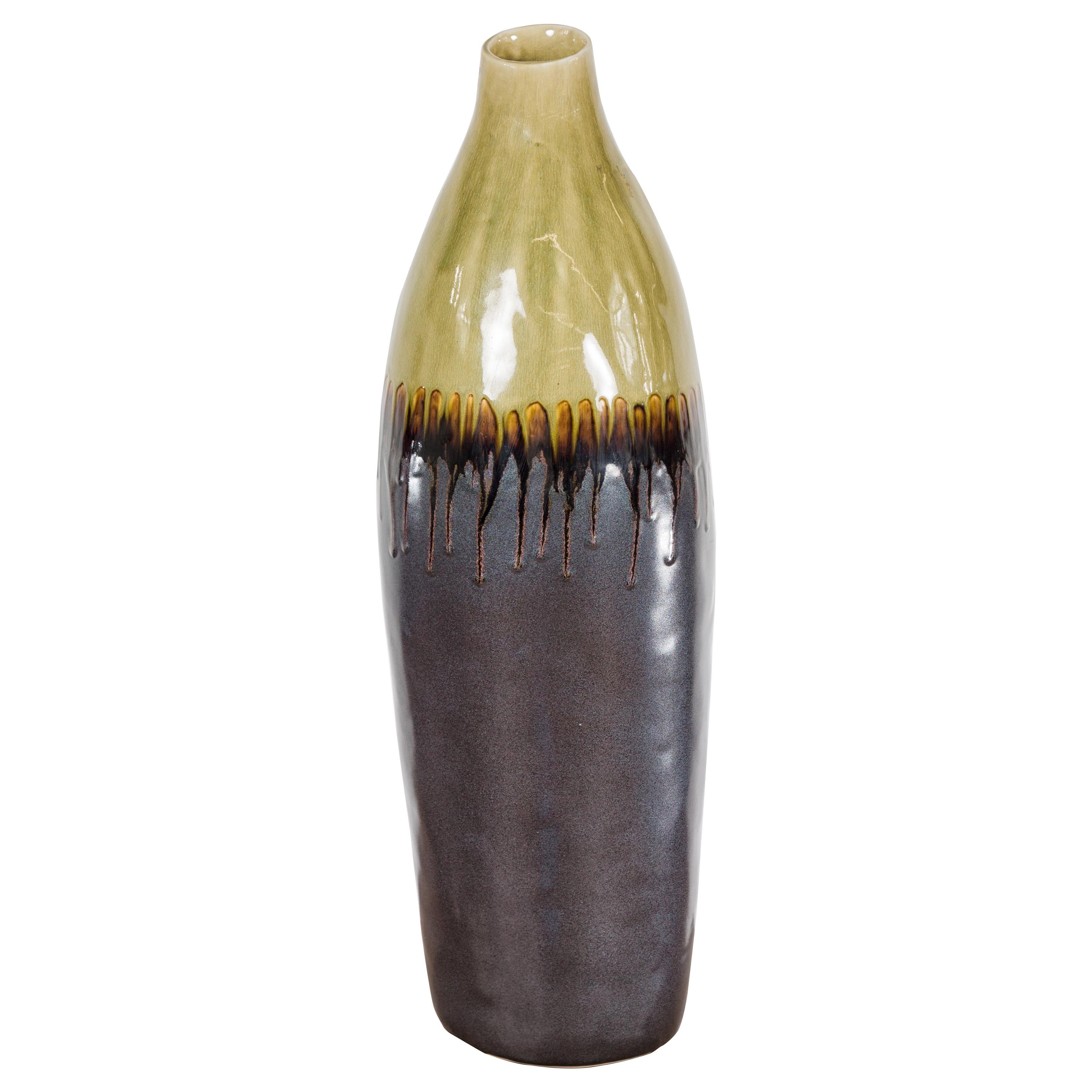 Handmade Artisan Ceramic Vase with Olive Green, Dark Grey and Brown Dripping For Sale 10