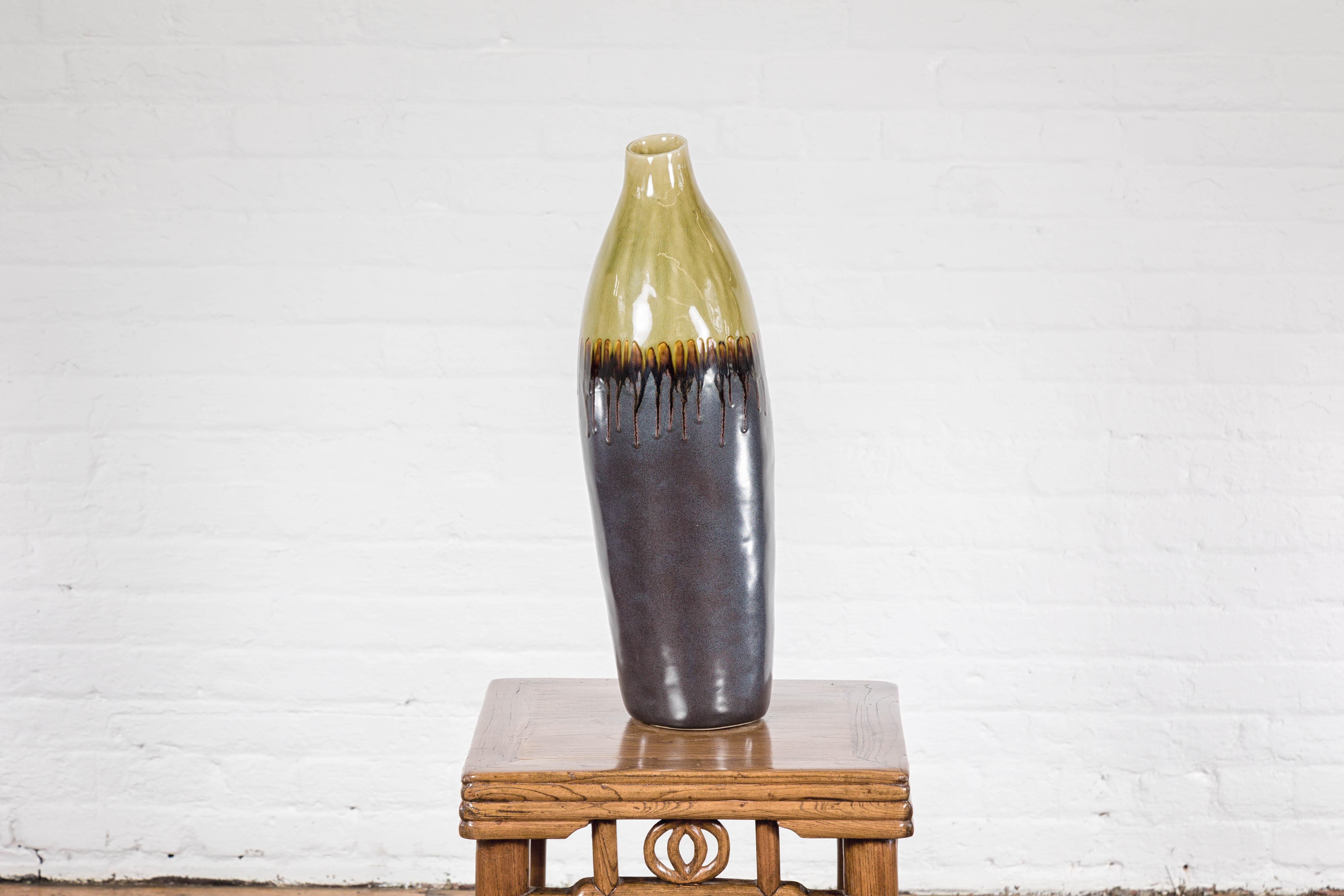 Handmade Artisan Ceramic Vase with Olive Green, Dark Grey and Brown Dripping In Good Condition For Sale In Yonkers, NY