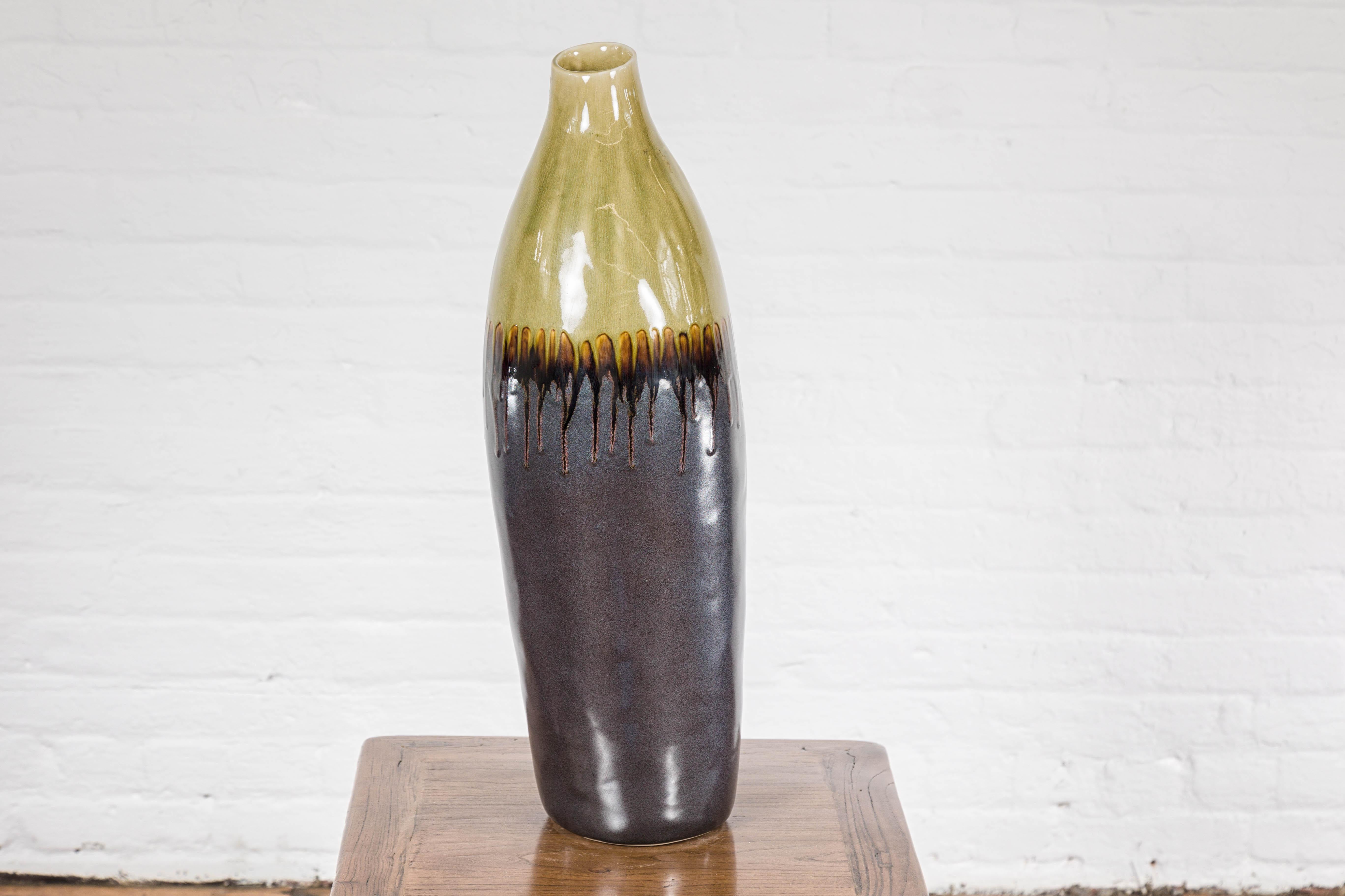 Contemporary Handmade Artisan Ceramic Vase with Olive Green, Dark Grey and Brown Dripping For Sale