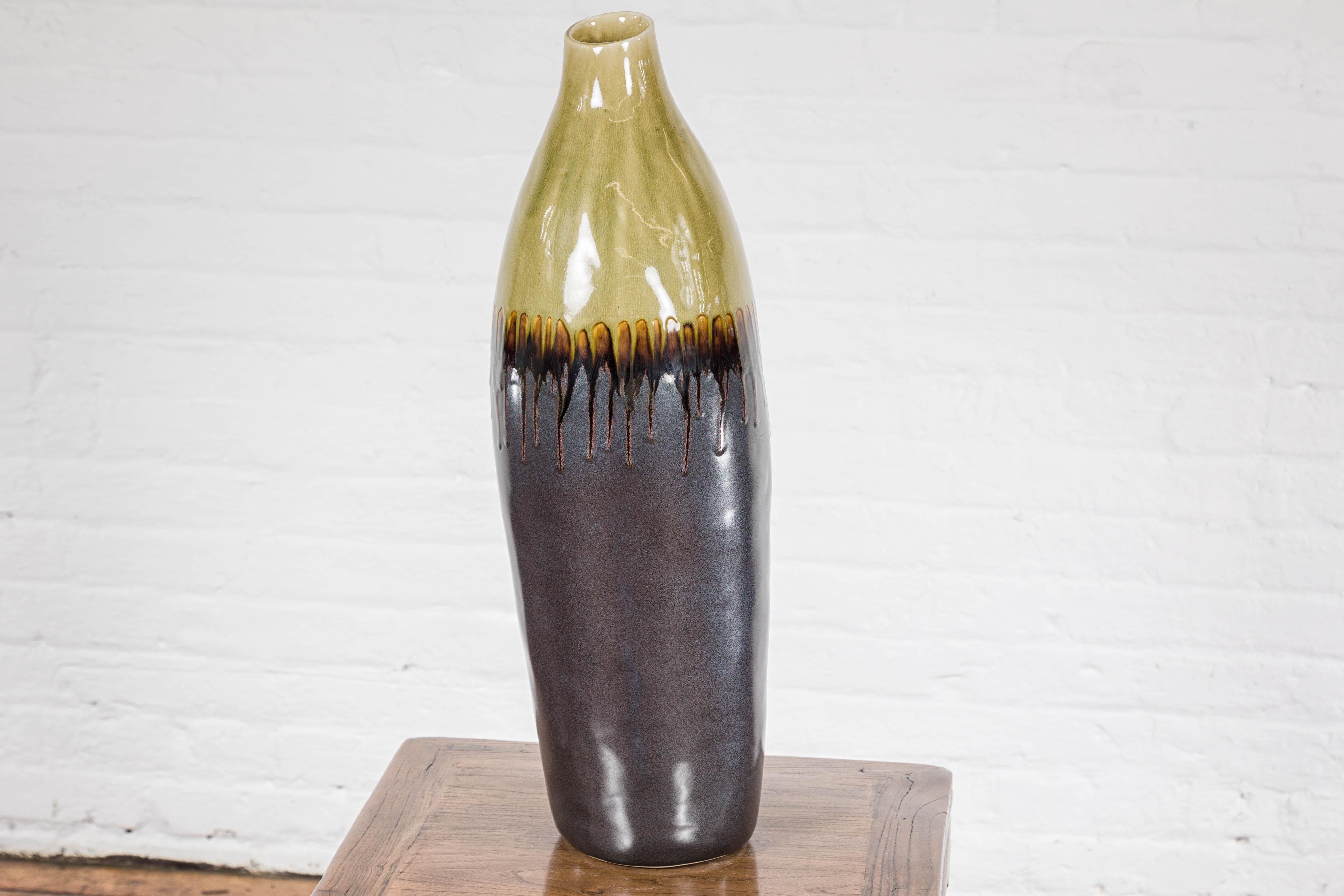 Handmade Artisan Ceramic Vase with Olive Green, Dark Grey and Brown Dripping For Sale 1