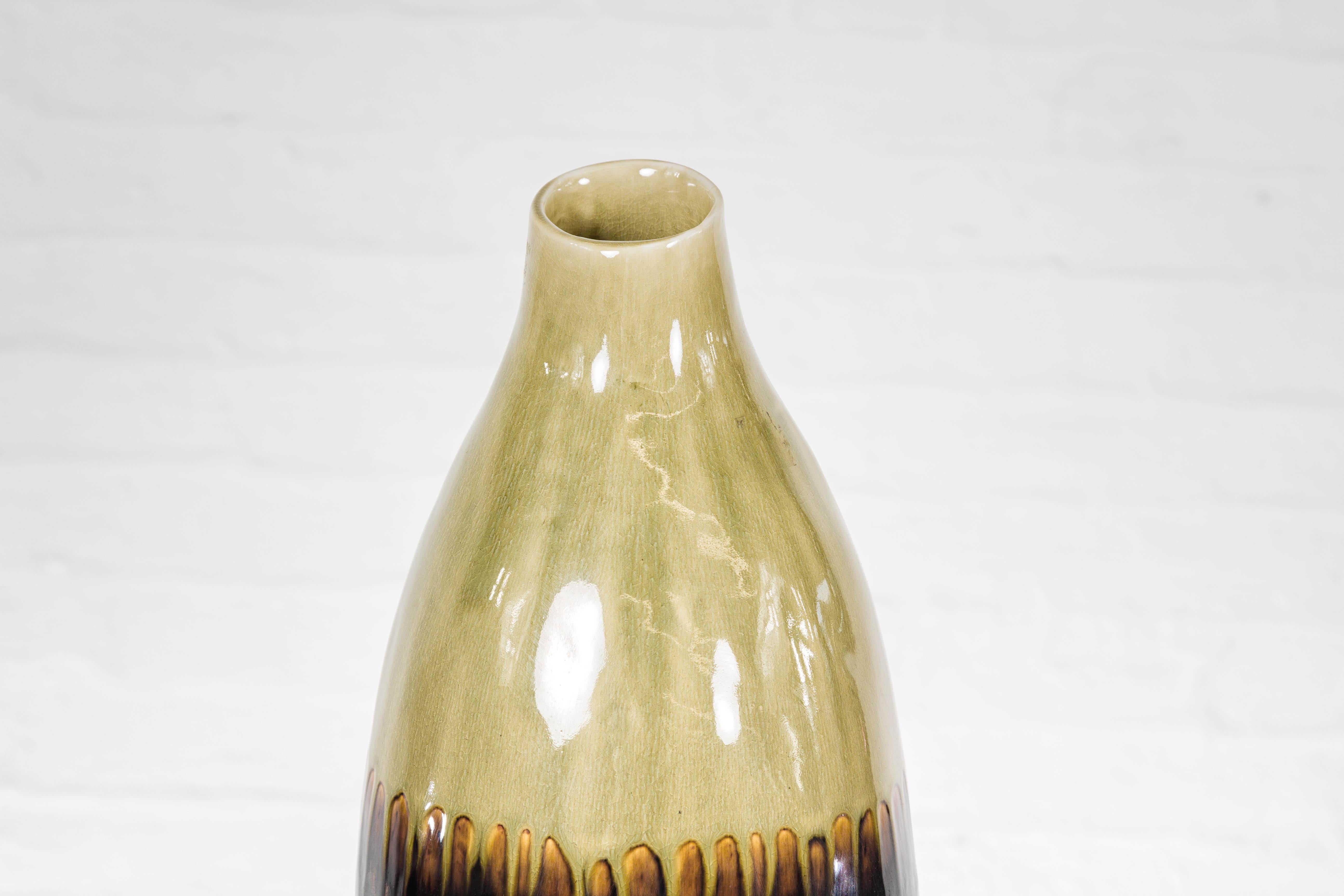 Handmade Artisan Ceramic Vase with Olive Green, Dark Grey and Brown Dripping For Sale 2