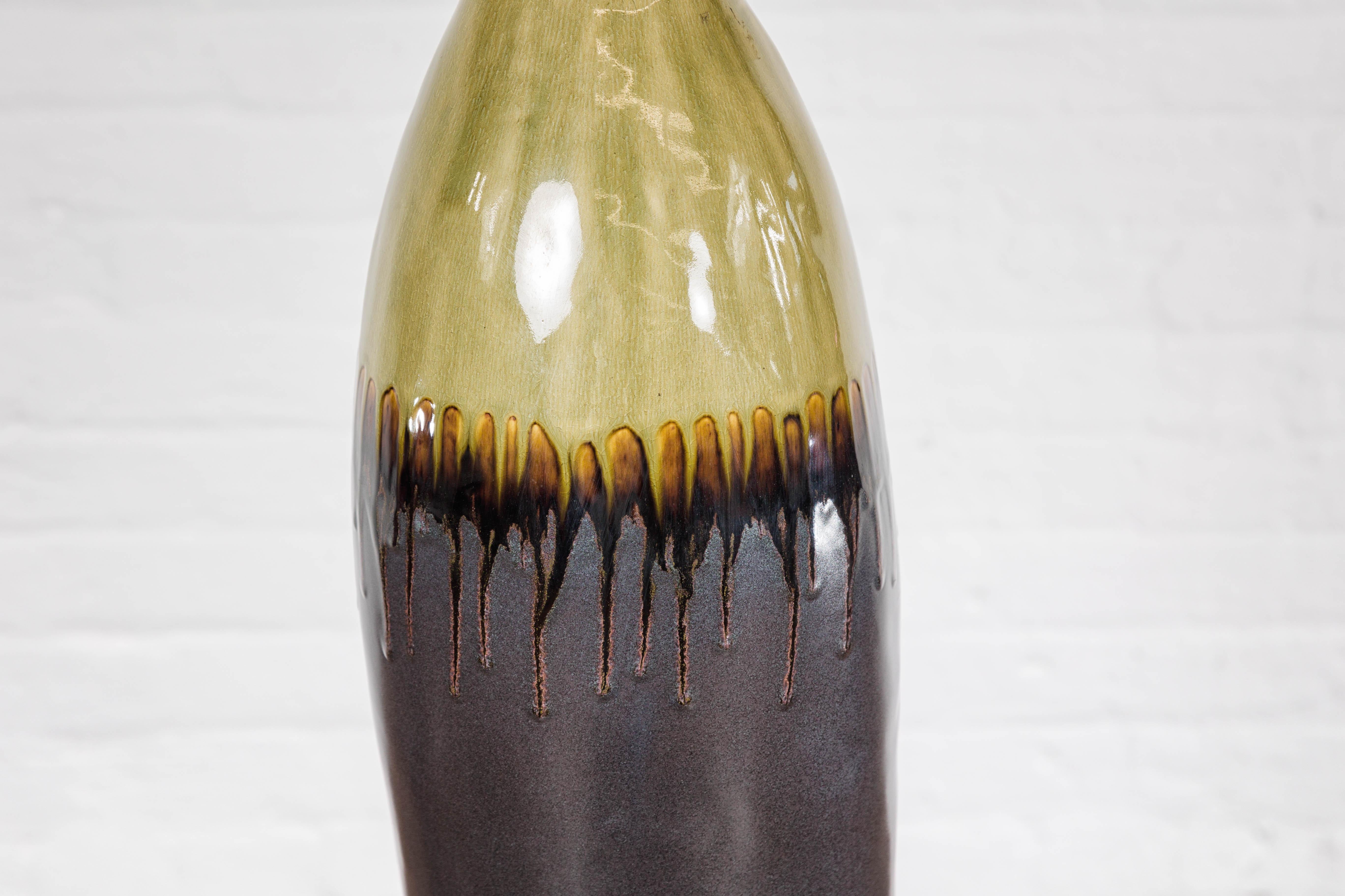 Handmade Artisan Ceramic Vase with Olive Green, Dark Grey and Brown Dripping For Sale 3