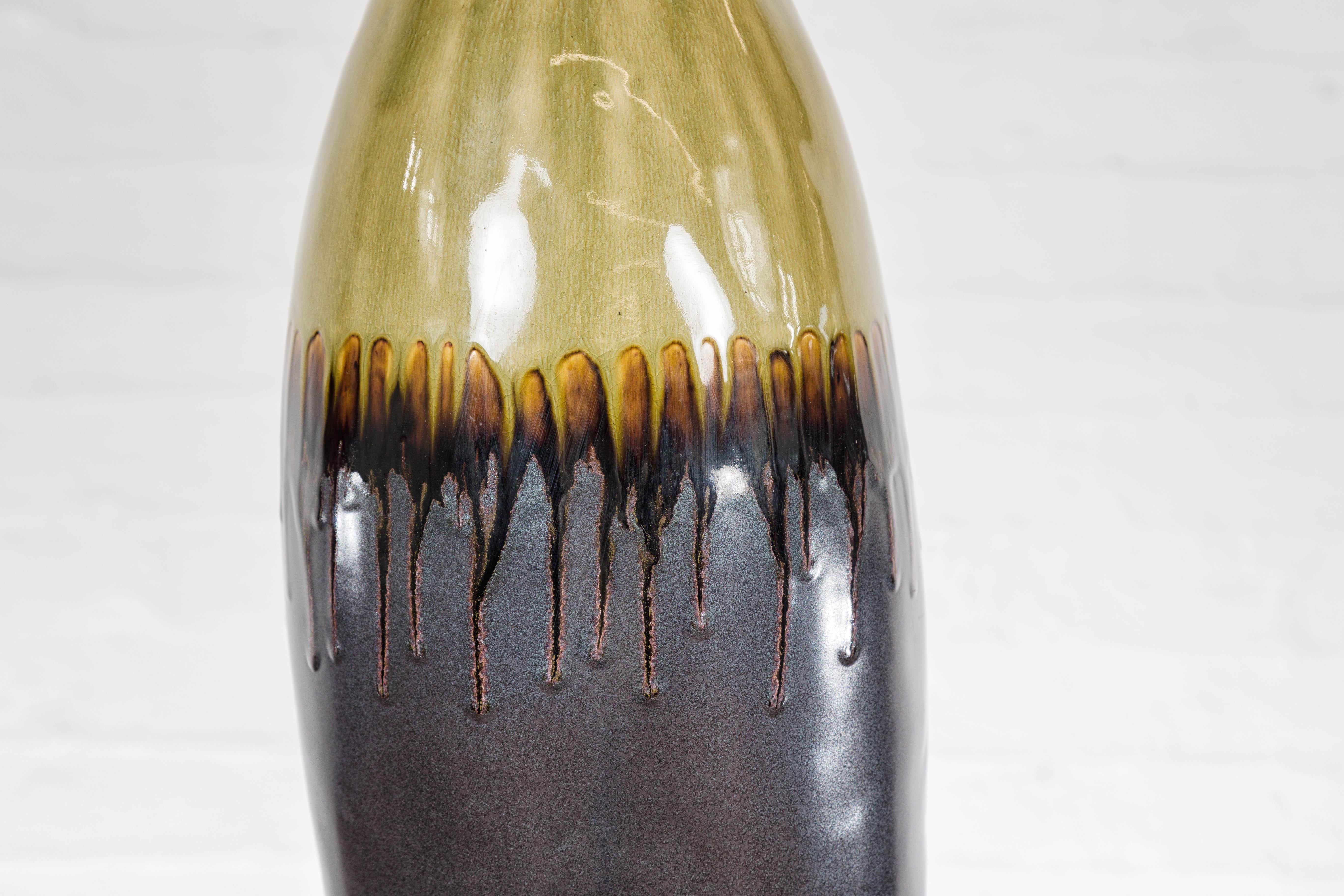 Handmade Artisan Ceramic Vase with Olive Green, Dark Grey and Brown Dripping For Sale 4
