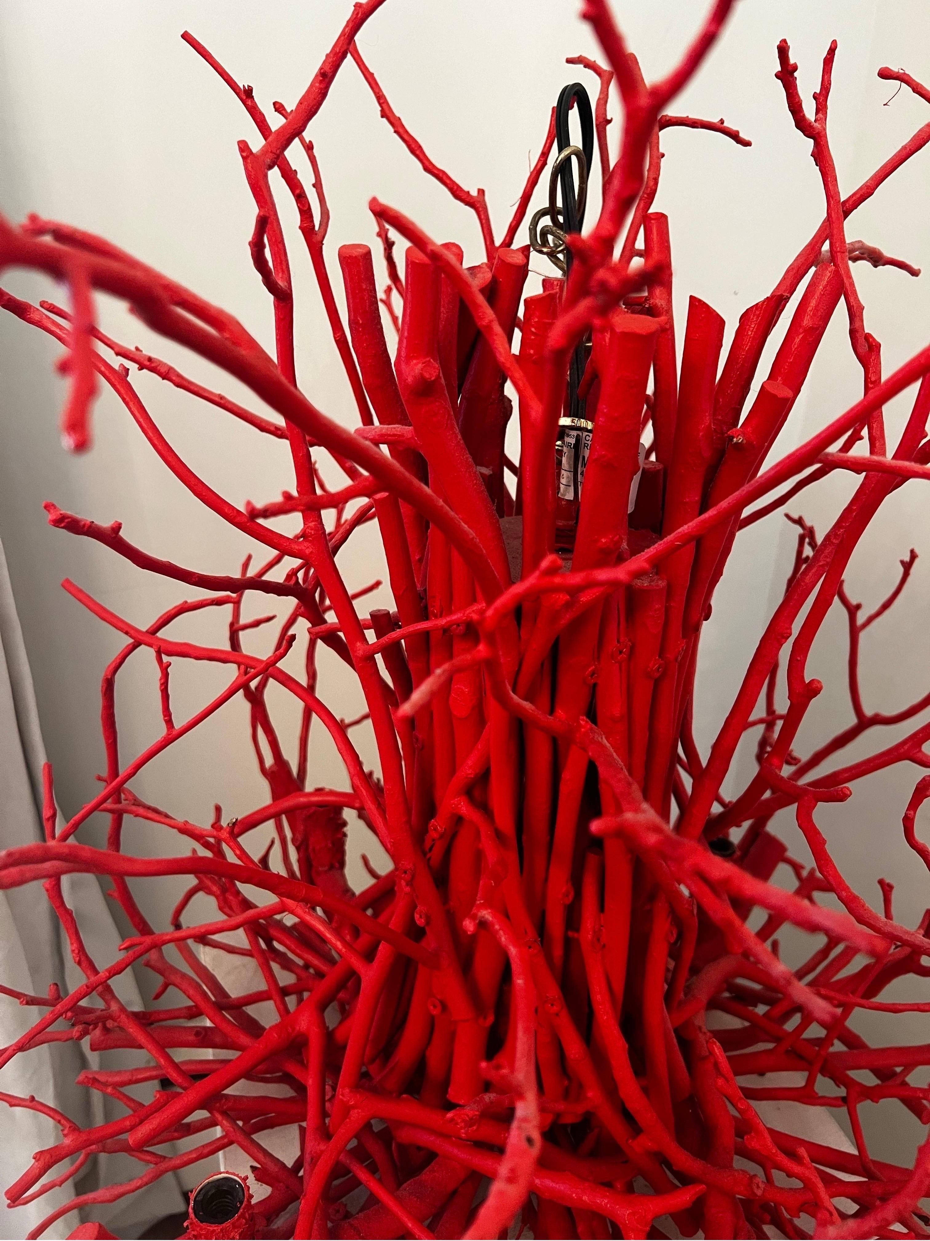 Handmade Artisan Hickory Branch/Twig Chandier - Coral Red For Sale 3