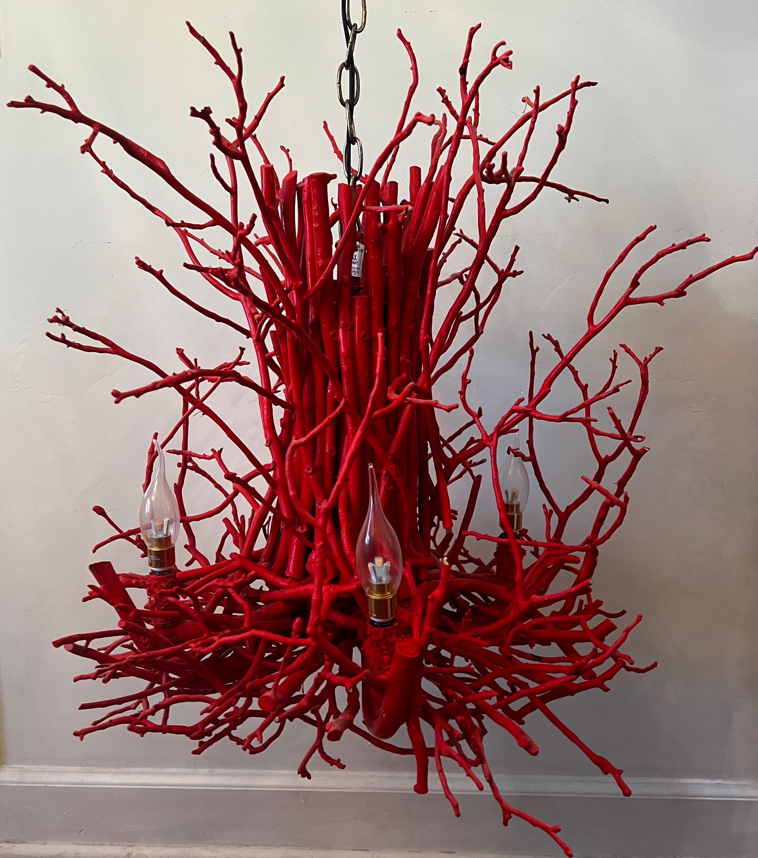 Handmade Artisan Hickory Branch/Twig Chandier - Coral Red For Sale 4