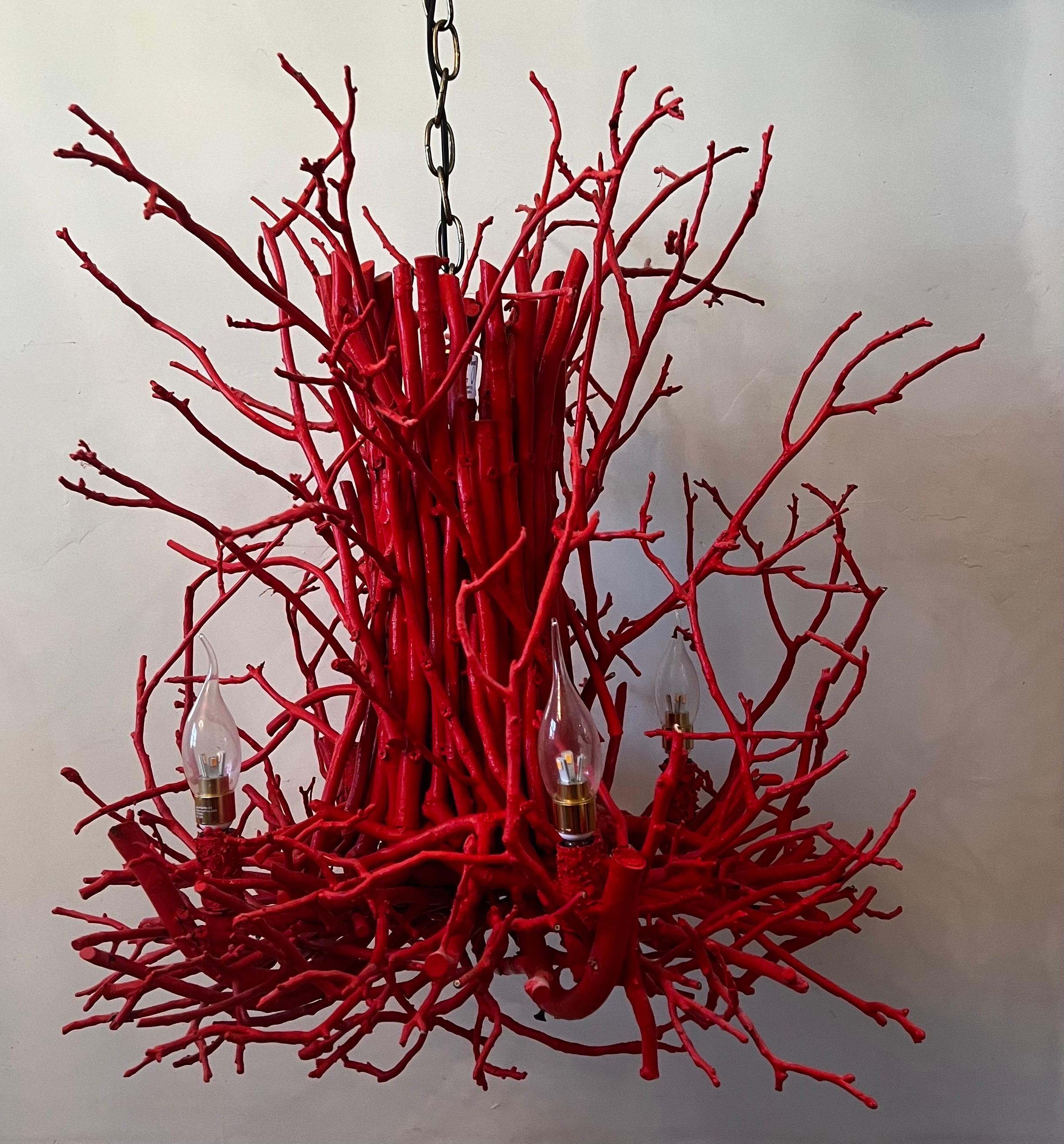 Rustic Handmade Artisan Hickory Branch/Twig Chandier - Coral Red For Sale