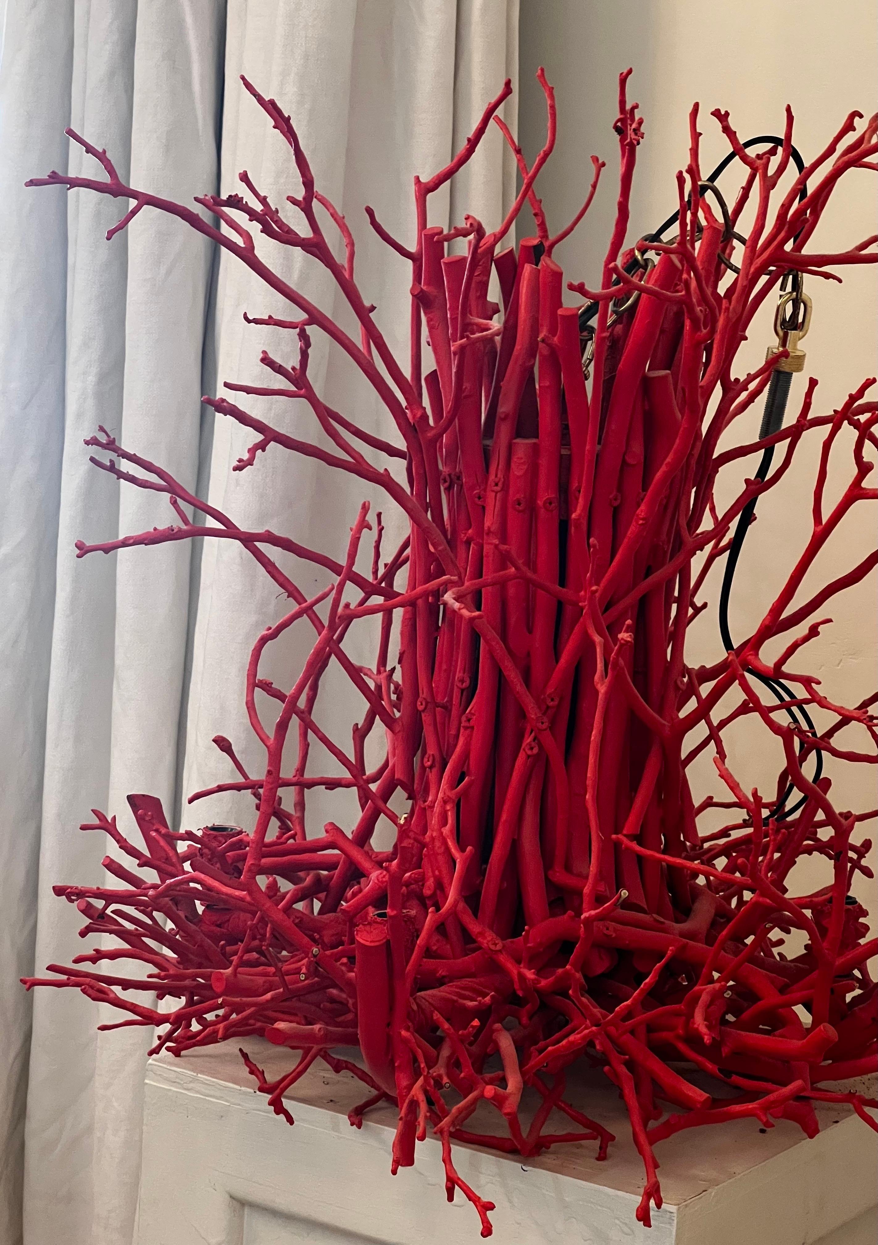 American Handmade Artisan Hickory Branch/Twig Chandier - Coral Red For Sale