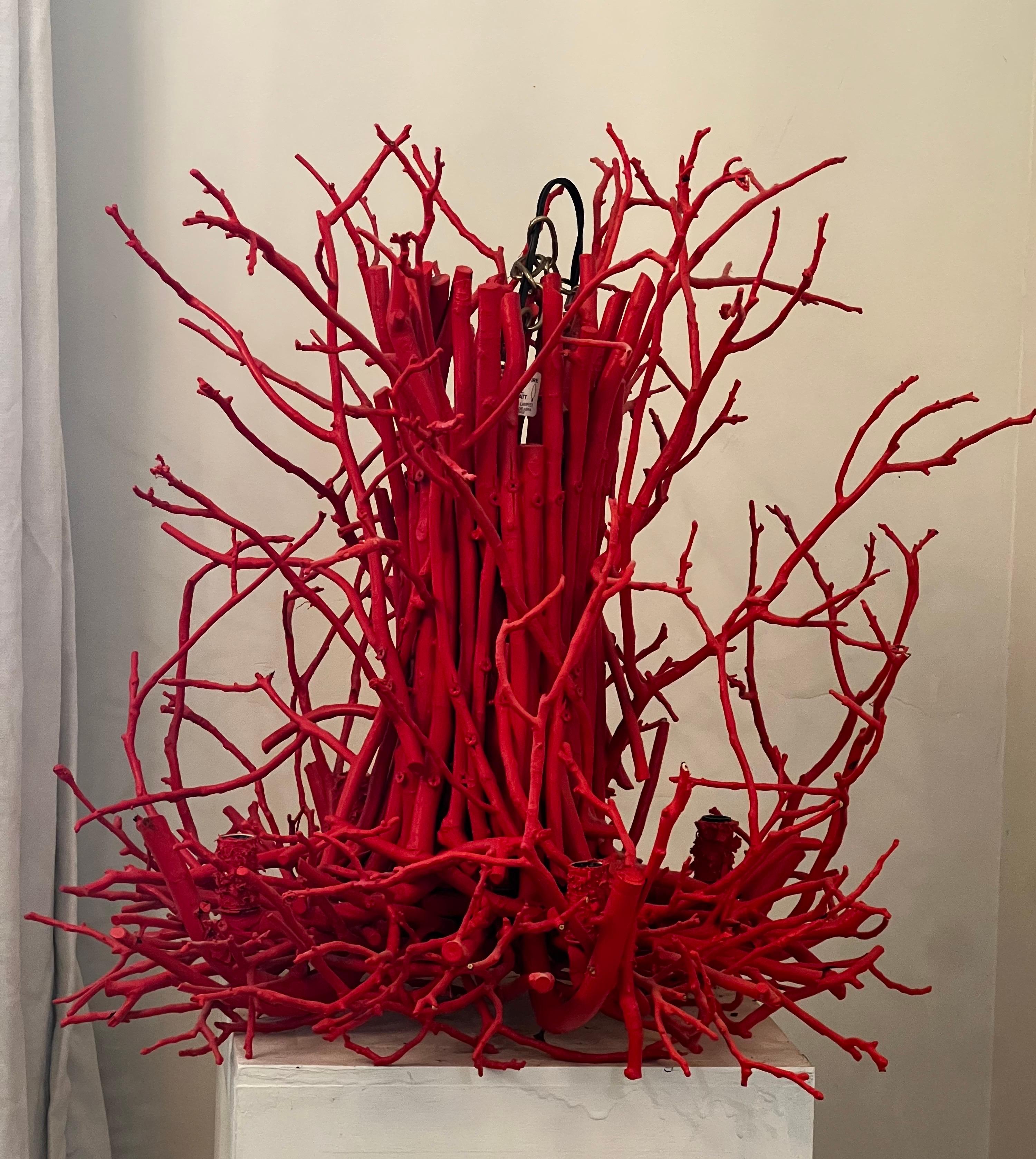 Hand-Crafted Handmade Artisan Hickory Branch/Twig Chandier - Coral Red For Sale