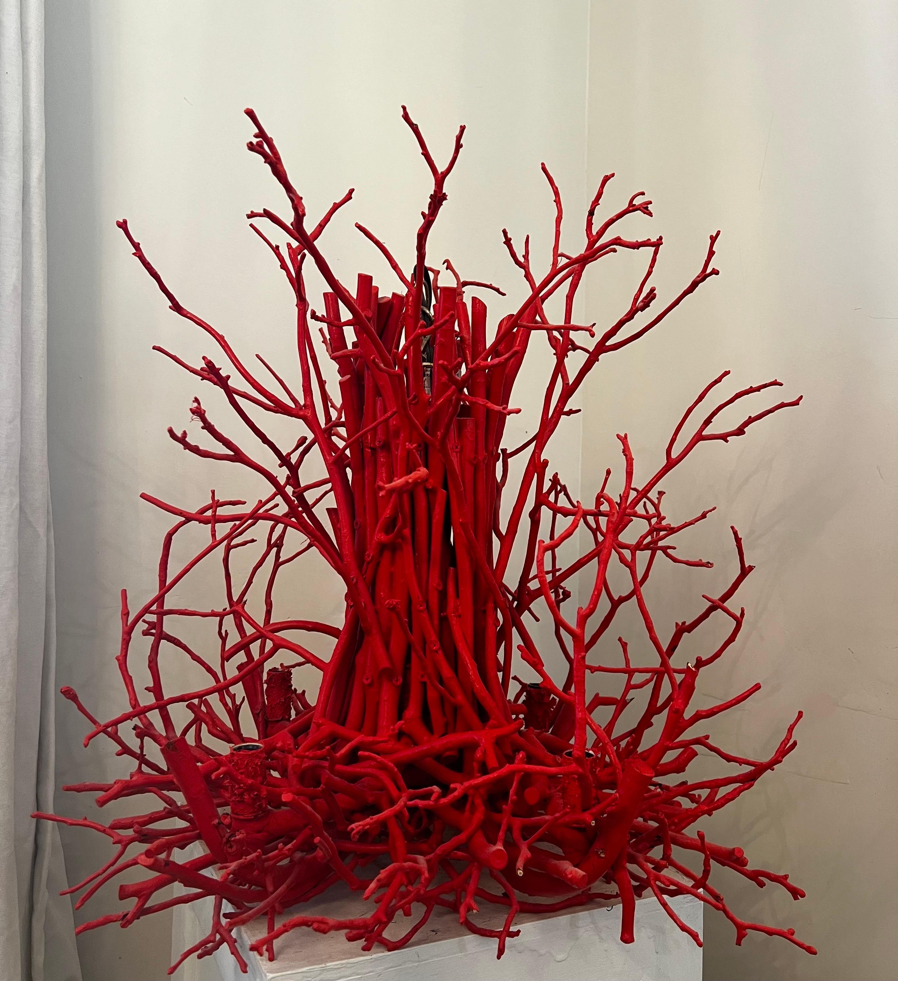 Handmade Artisan Hickory Branch/Twig Chandier - Coral Red In Good Condition For Sale In Los Angeles, CA
