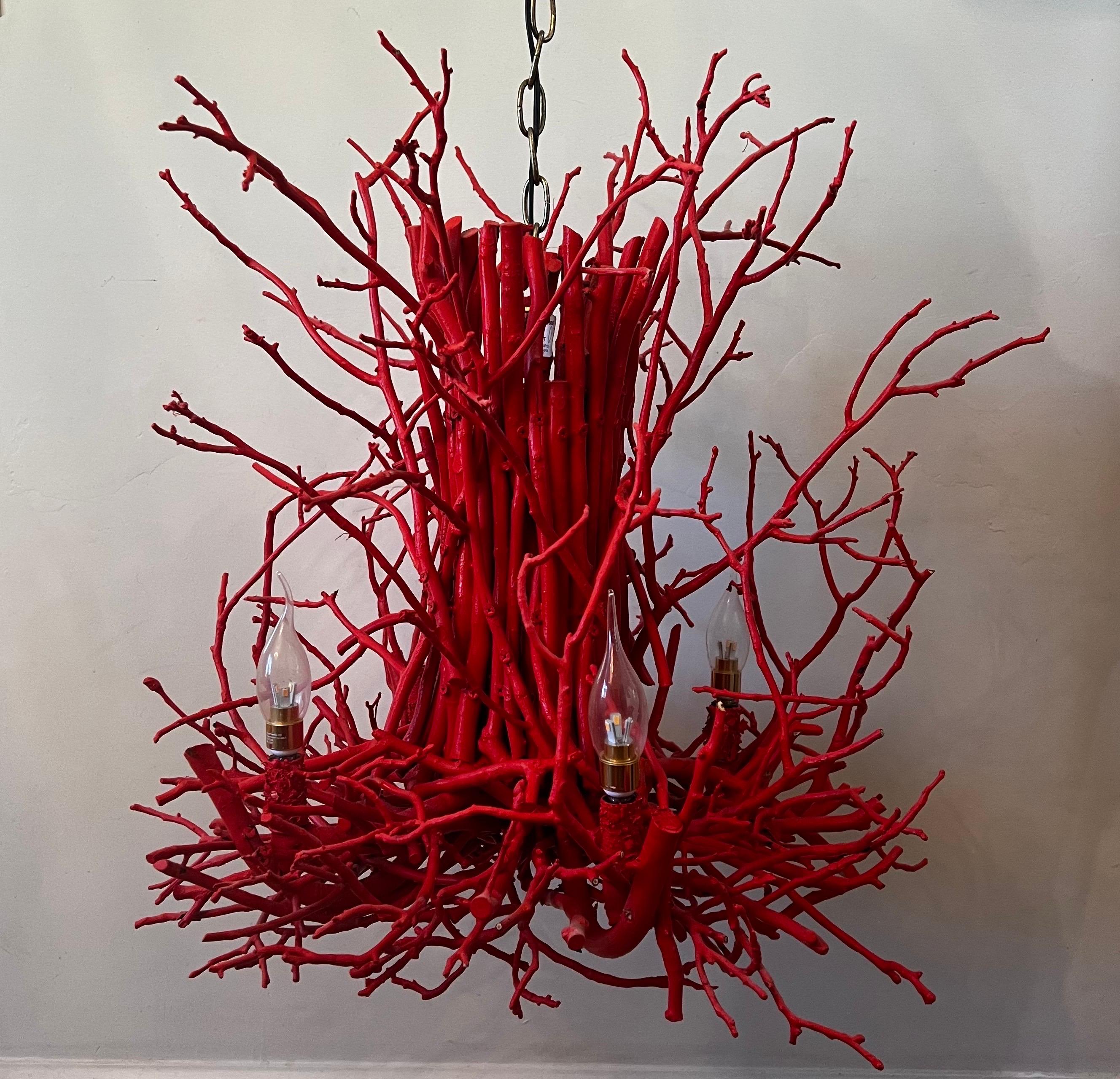 20th Century Handmade Artisan Hickory Branch/Twig Chandier - Coral Red For Sale