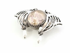 Handmade Artisan Sterling Silver Laguna Lace Agate and Pearl Wing Slide Pendant