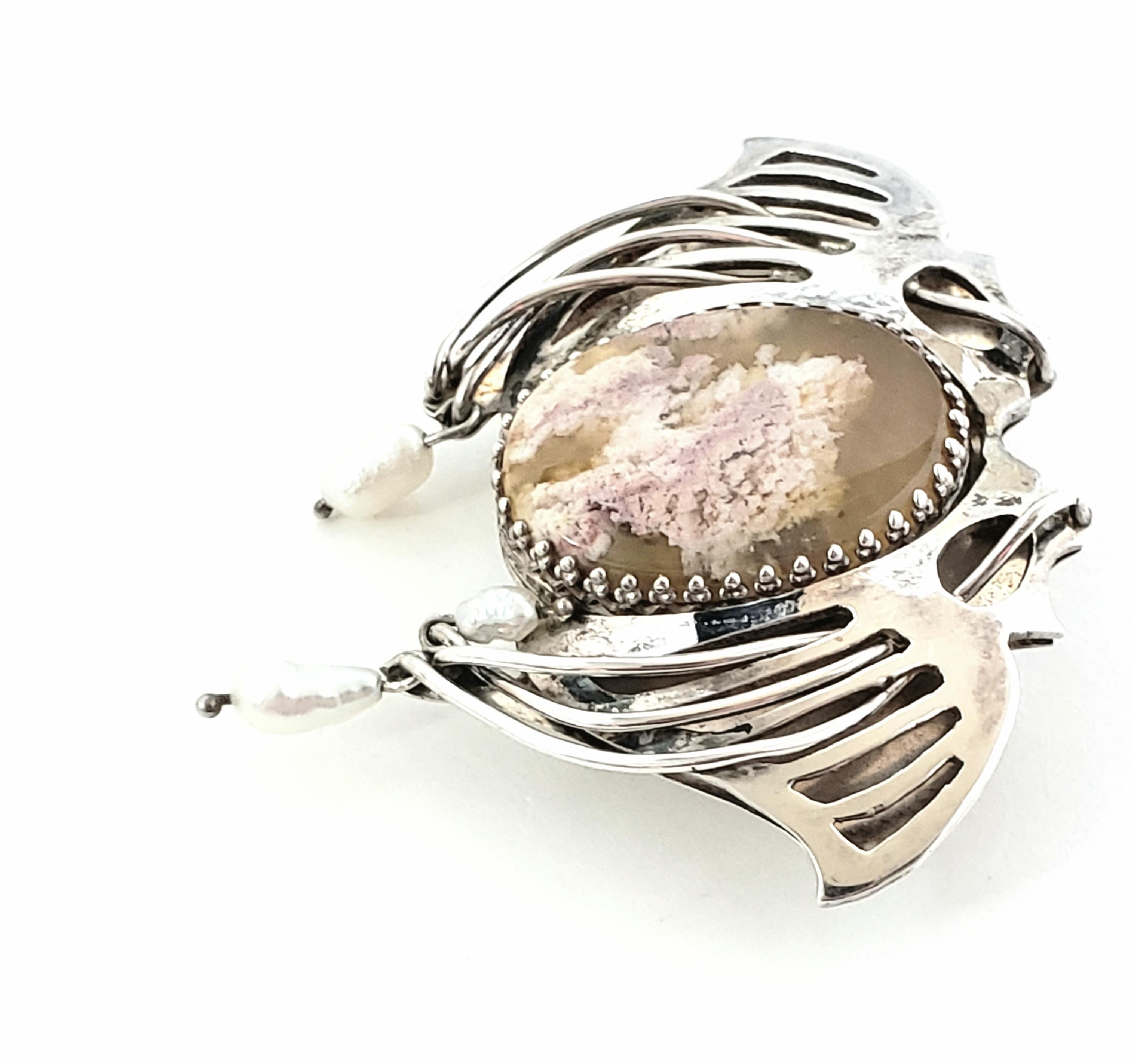 Rose Cut Handmade Artisan Sterling Silver Laguna Lace Agate and Pearl Wing Slide Pendant For Sale