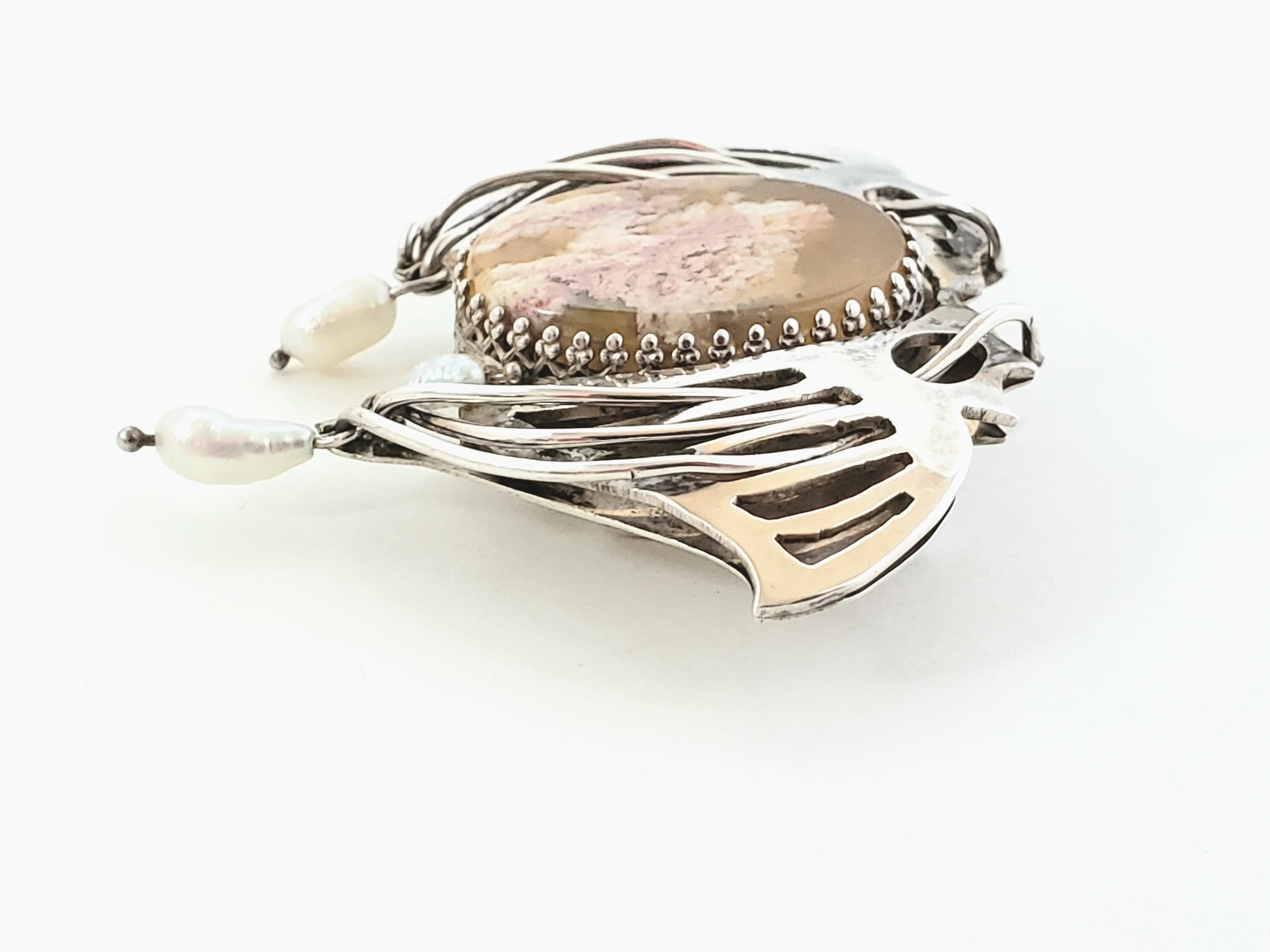 Handmade Artisan Sterling Silver Laguna Lace Agate and Pearl Wing Slide Pendant In Good Condition For Sale In Washington Depot, CT