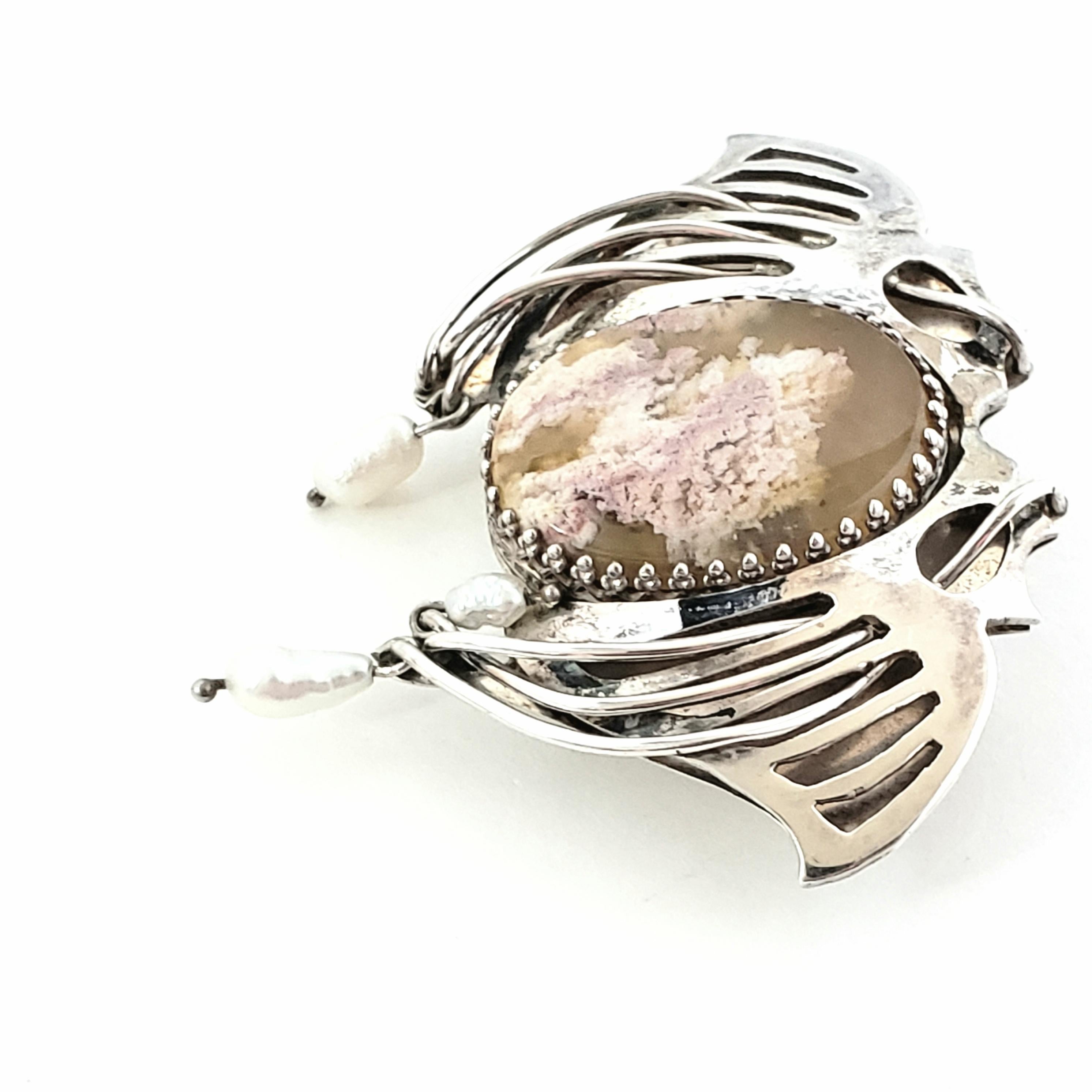 Women's or Men's Handmade Artisan Sterling Silver Laguna Lace Agate and Pearl Wing Slide Pendant For Sale