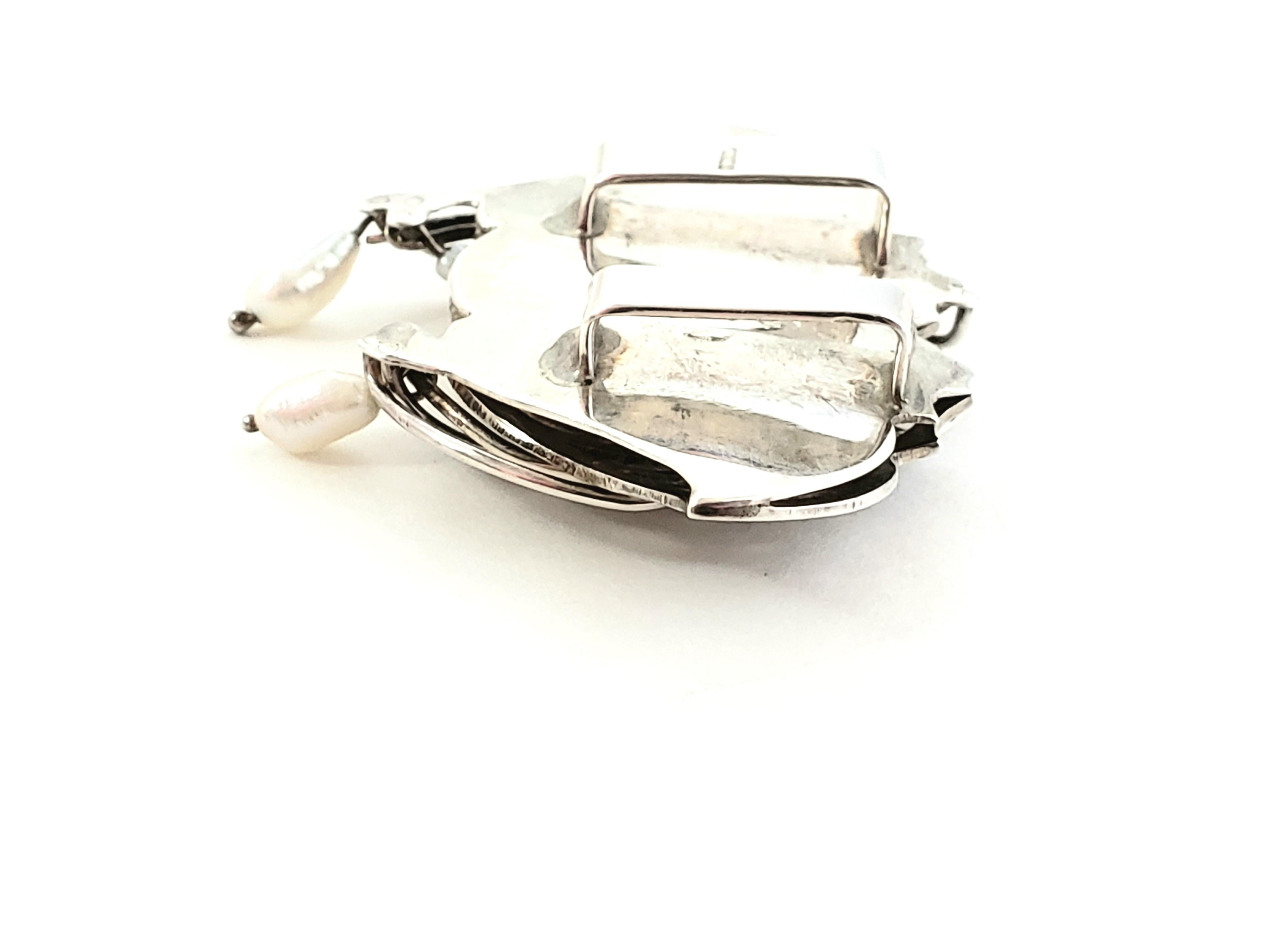 Handmade Artisan Sterling Silver Laguna Lace Agate and Pearl Wing Slide Pendant For Sale 2