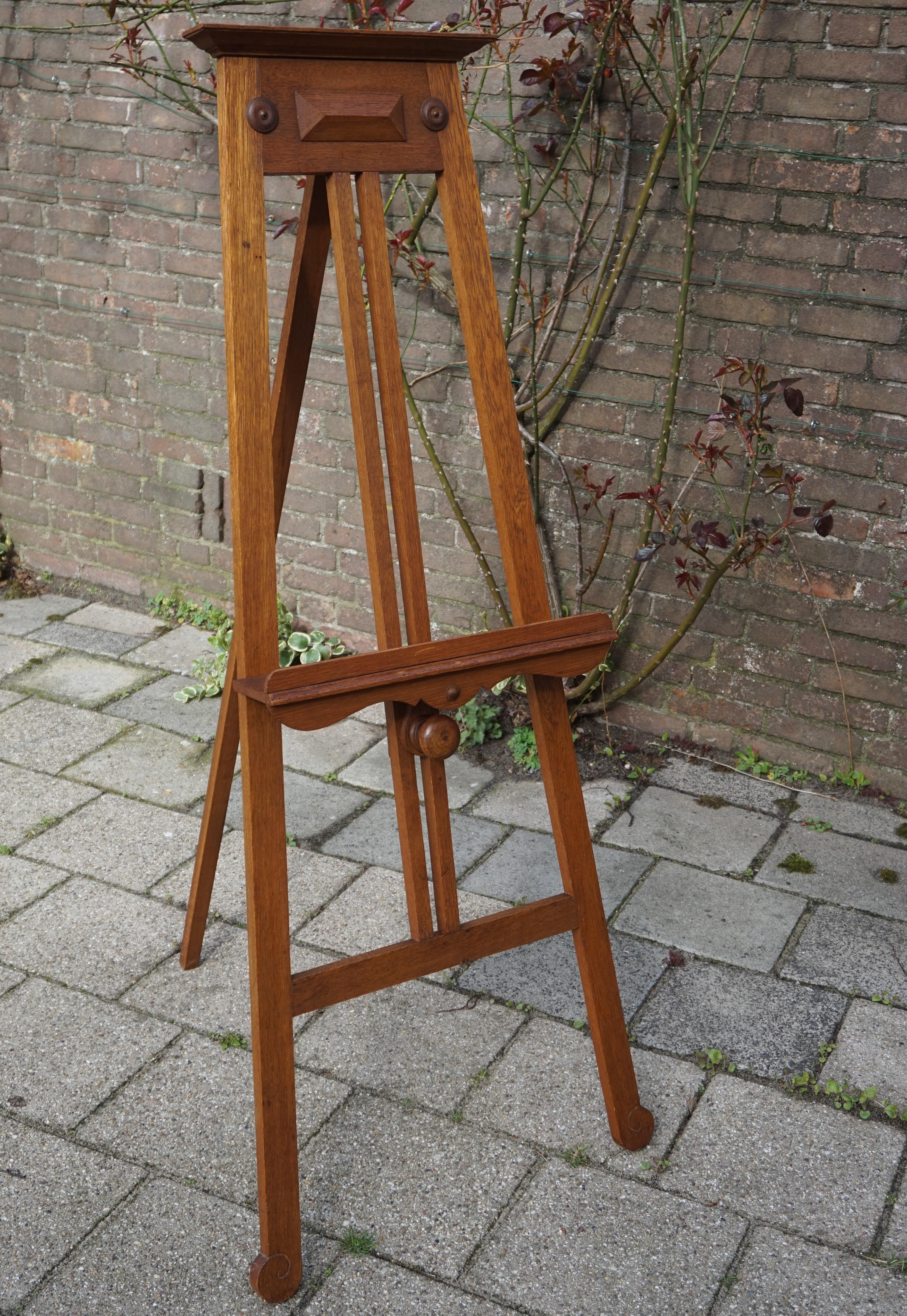 Dutch Handmade Arts and Crafts Era Solid Oak Floor Easel / Painting Display Stand