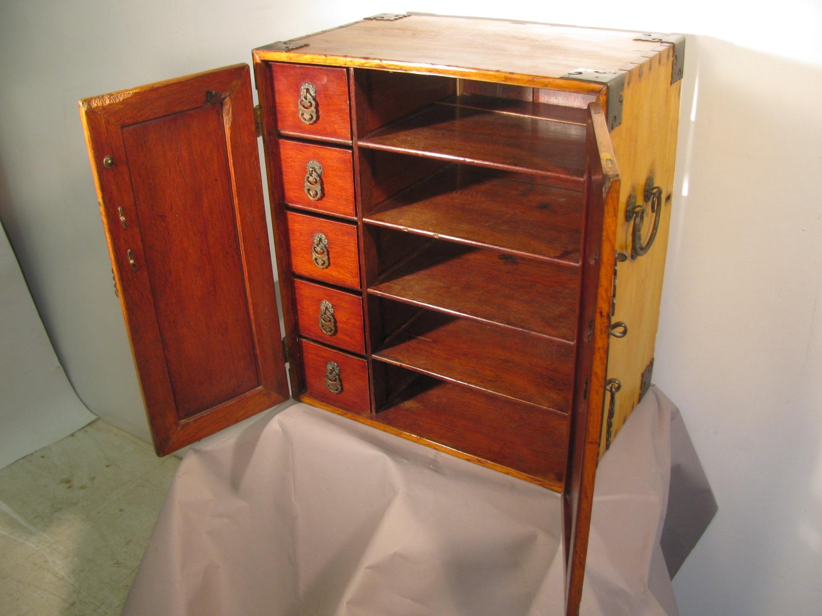 Entirely handmade cabinet, hand wrought and hammered metal hardware. Cabinet is entirely dovetailed and splined. Can be used as a end table, or even mounted on a wall. Interior boxes are 10.5 x 4 x 3 H.