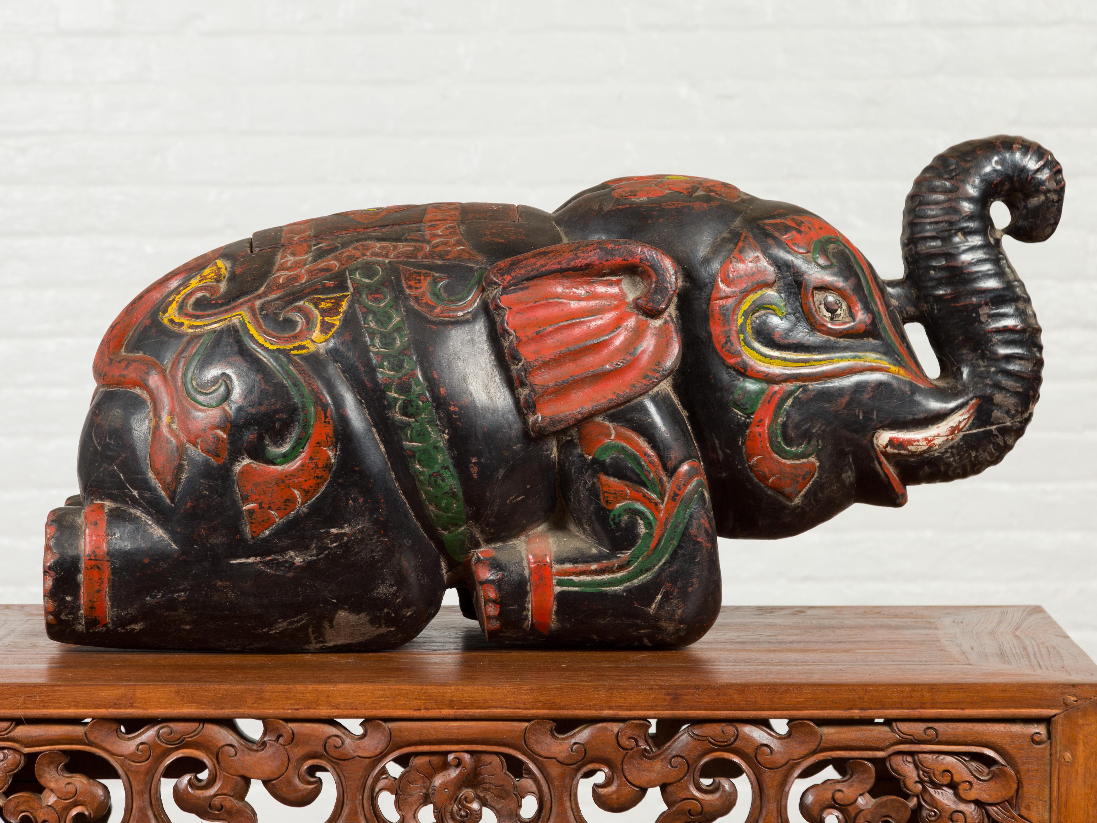 Handmade Asian Elephant Sculpture with Incised Decor and Multi-Color Finish 2