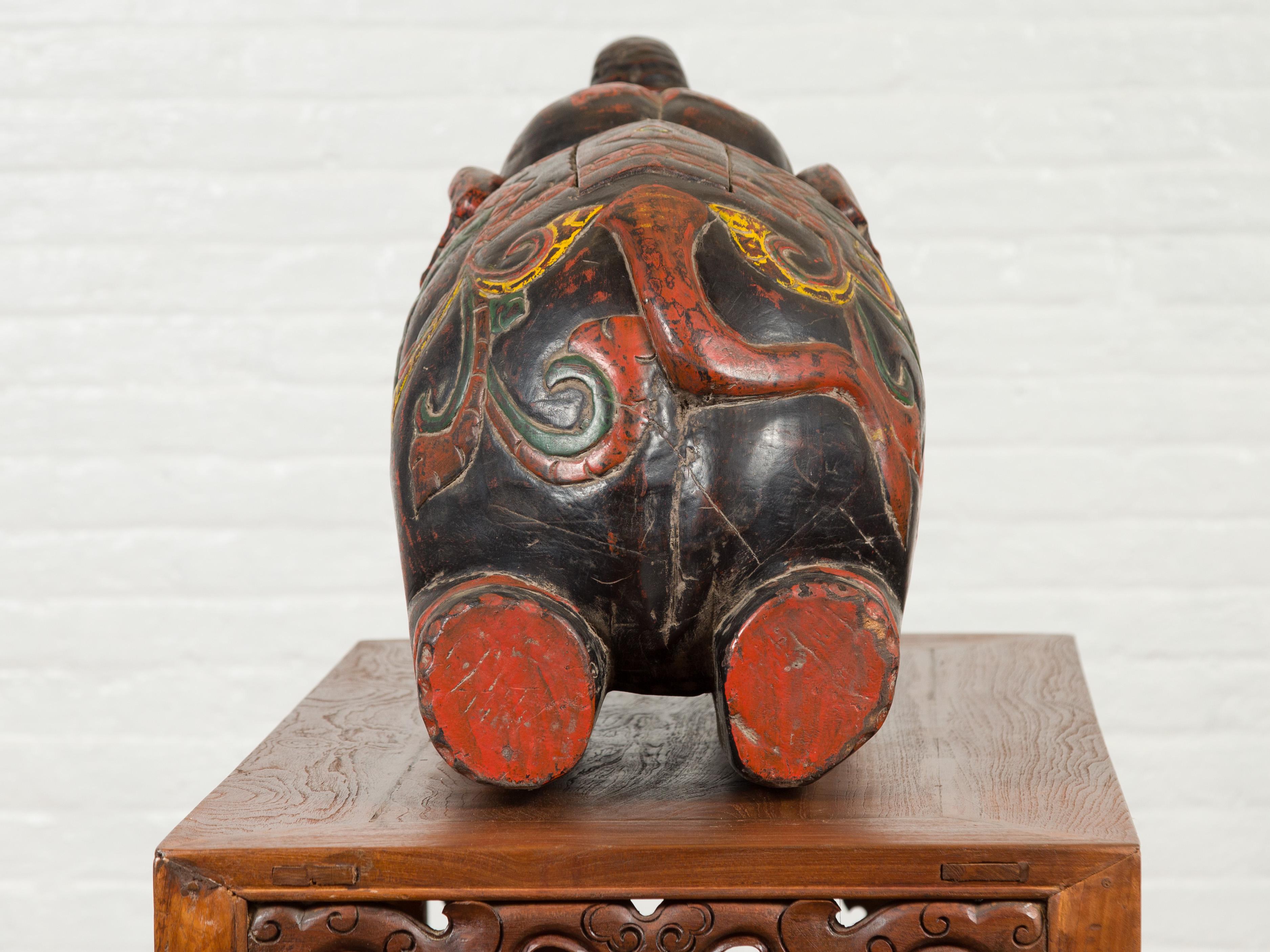 Handmade Asian Elephant Sculpture with Incised Decor and Multi-Color Finish 4