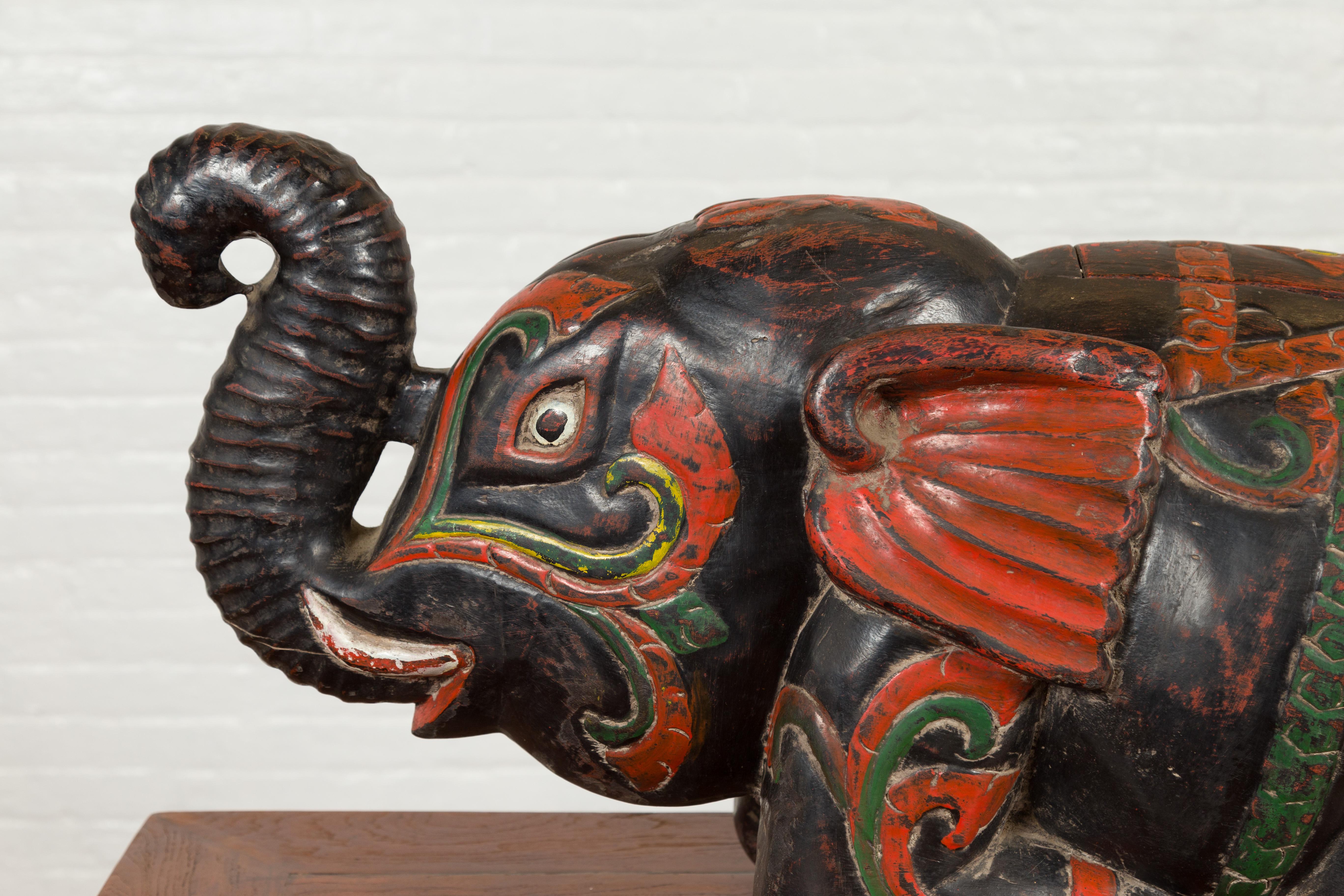 Thai Handmade Asian Elephant Sculpture with Incised Decor and Multi-Color Finish