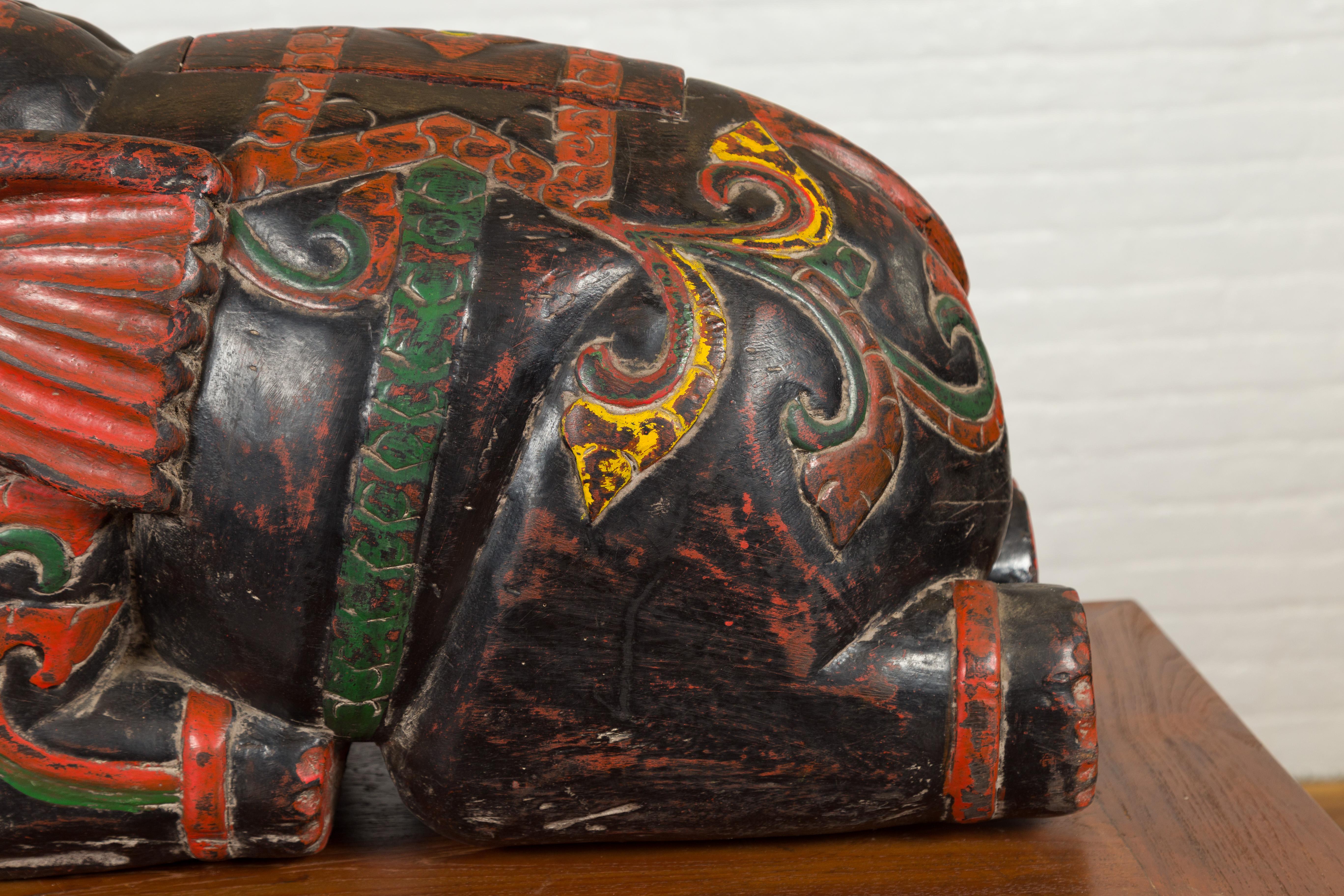 Carved Handmade Asian Elephant Sculpture with Incised Decor and Multi-Color Finish