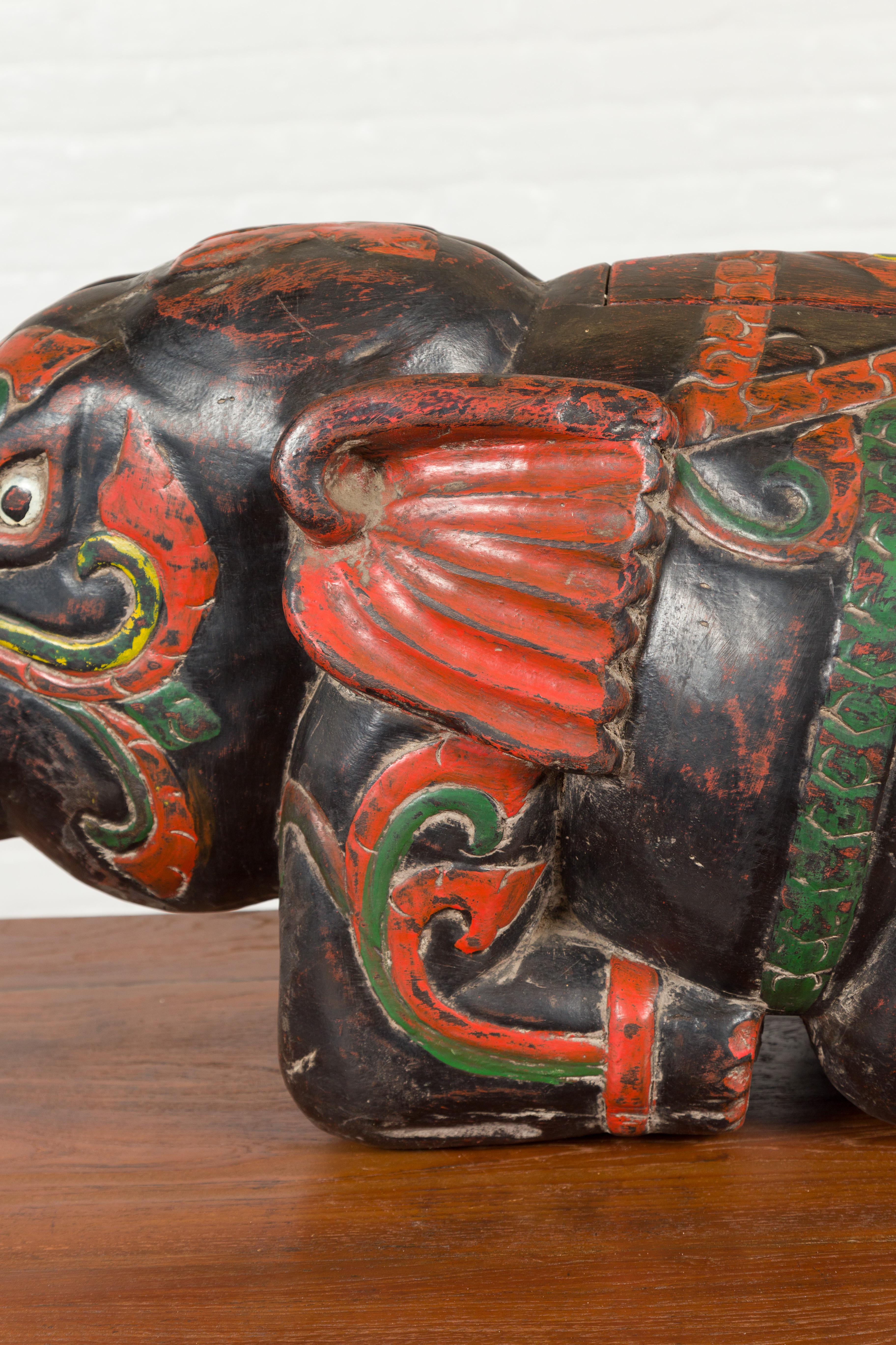 Handmade Asian Elephant Sculpture with Incised Decor and Multi-Color Finish In Good Condition In Yonkers, NY