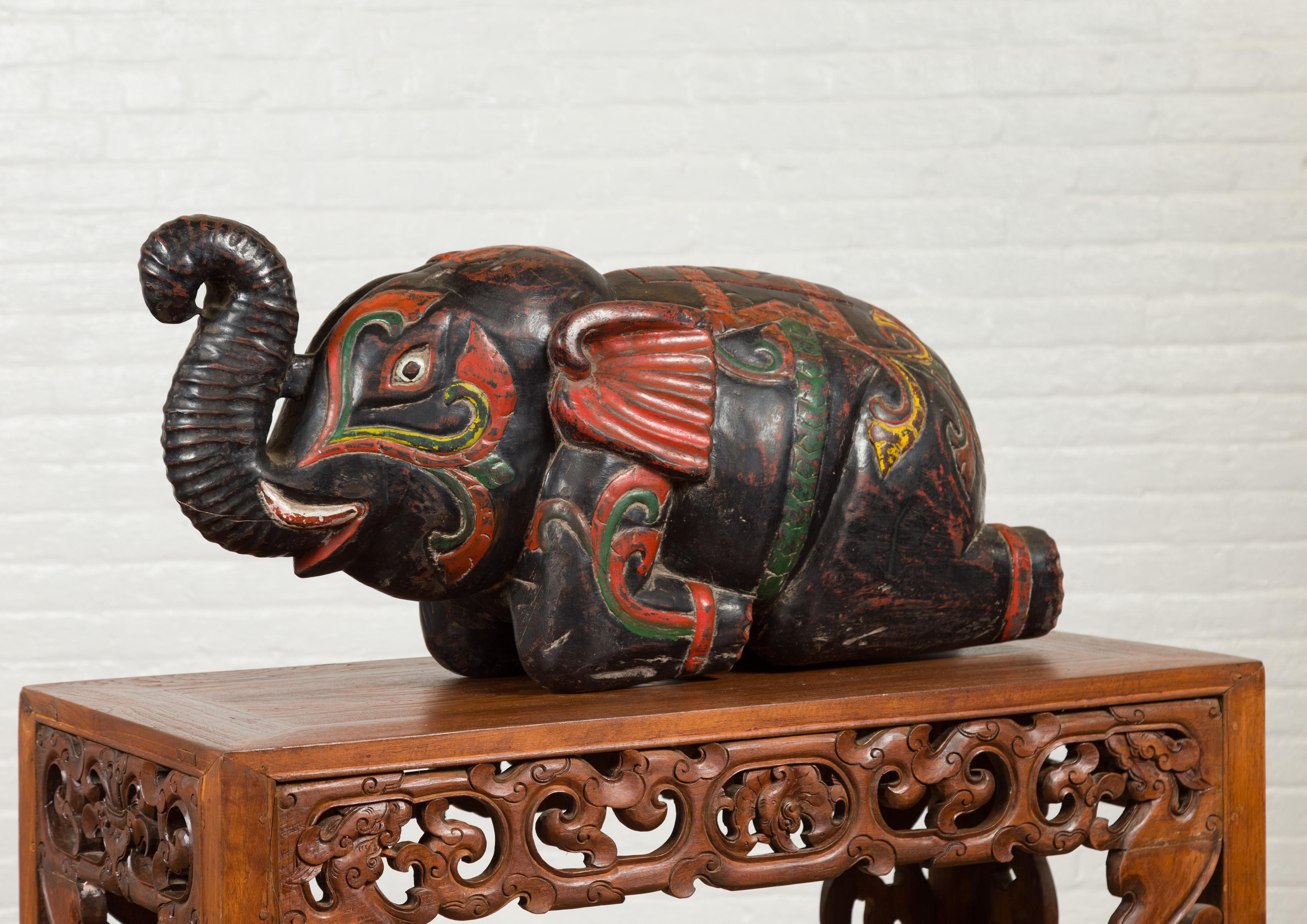 20th Century Handmade Asian Elephant Sculpture with Incised Decor and Multi-Color Finish