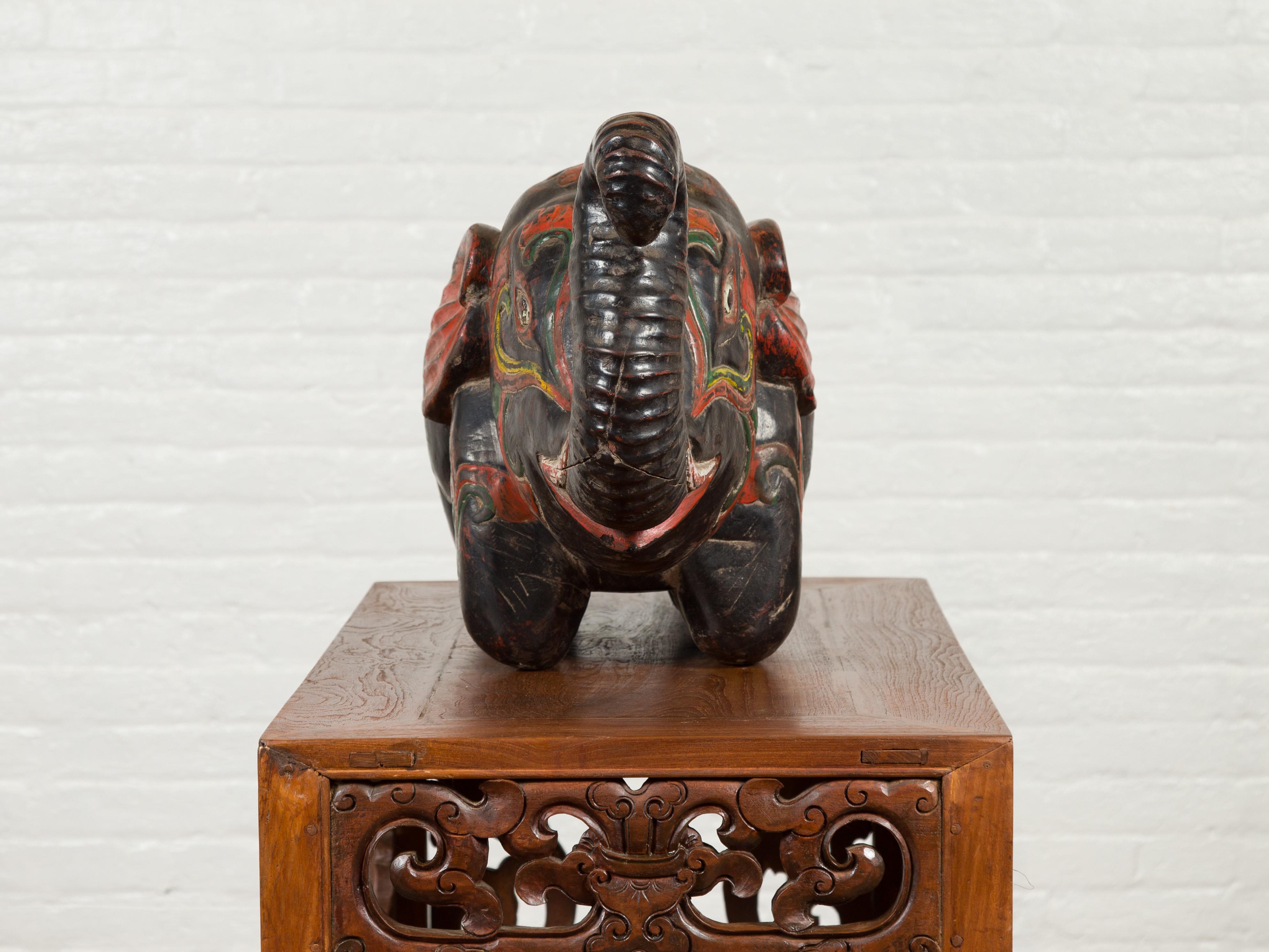 Wood Handmade Asian Elephant Sculpture with Incised Decor and Multi-Color Finish