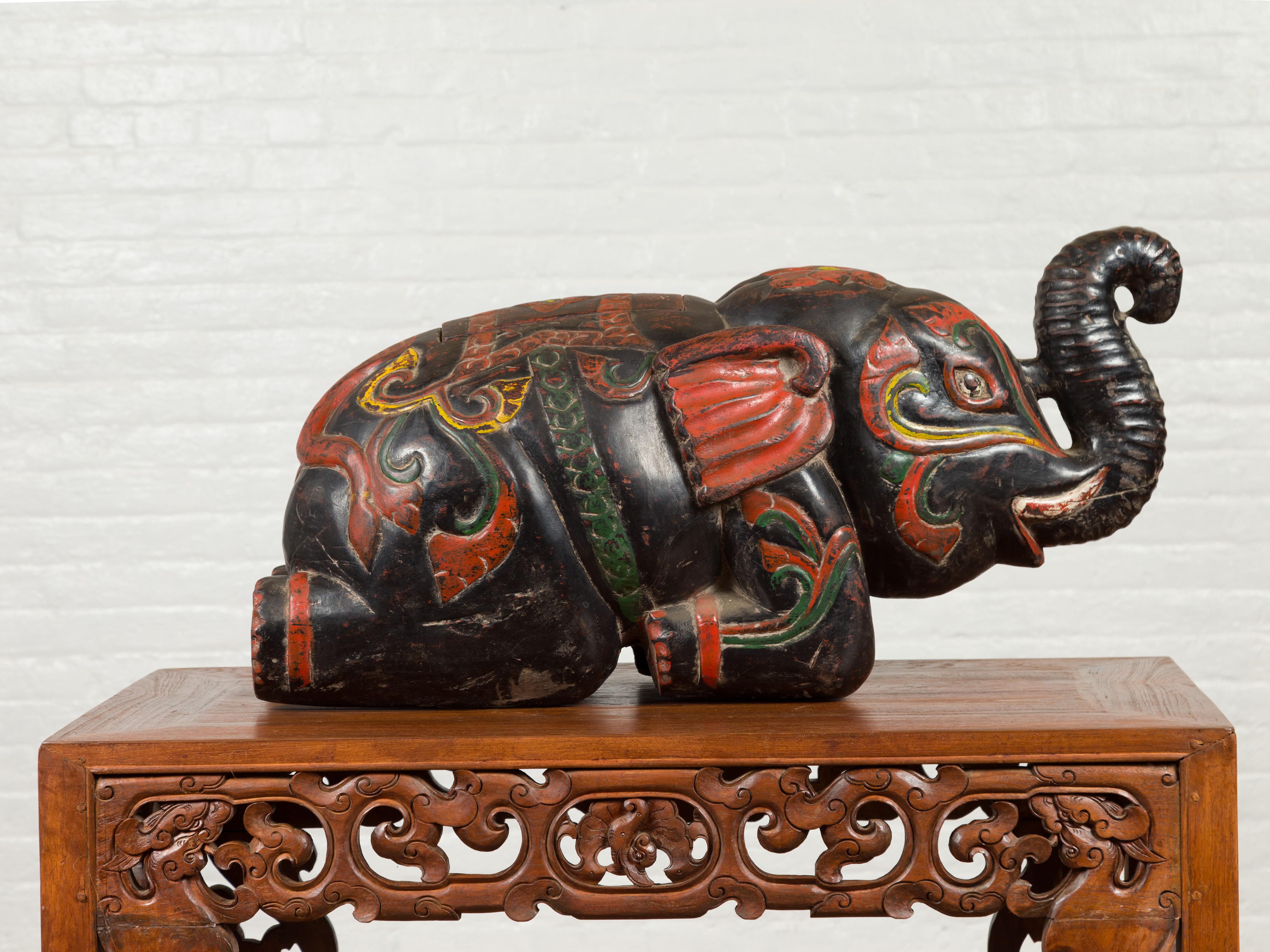 Handmade Asian Elephant Sculpture with Incised Decor and Multi-Color Finish 1