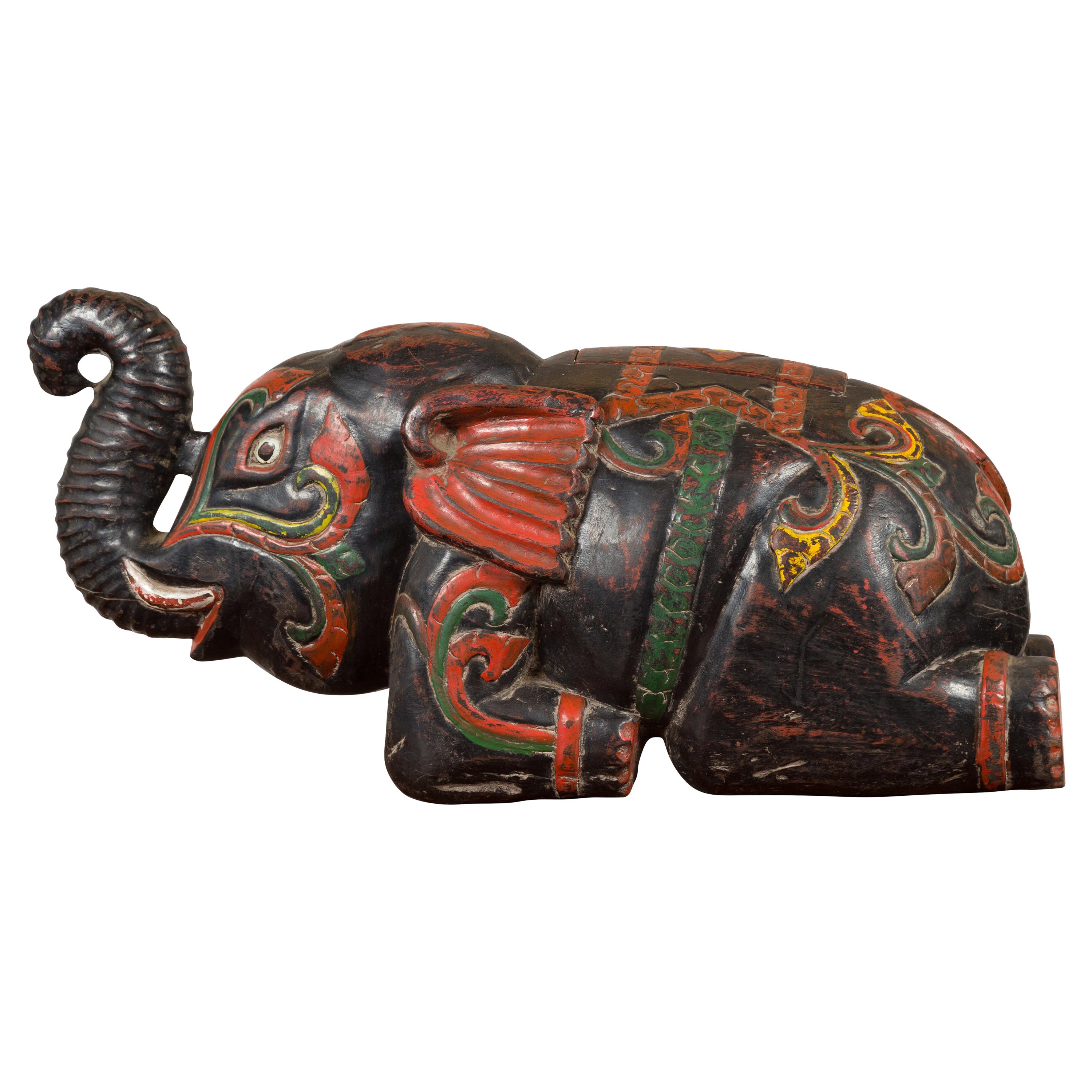 Handmade Asian Elephant Sculpture with Incised Decor and Multi-Color Finish