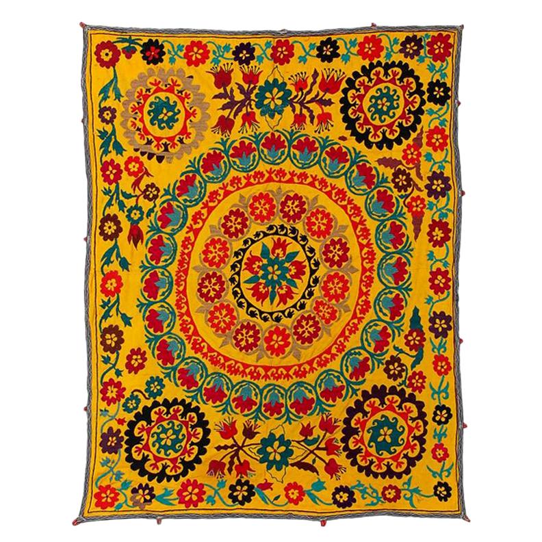 Central Asian Suzani Textile, Embroidered Cotton and Silk Bed Cover at 1stDibs