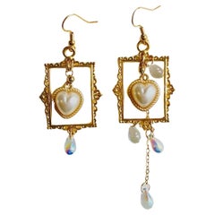 Handmade Asymmetric Baroque Tassel Frame Heart Pearl Tear Pierced Drop Earrings