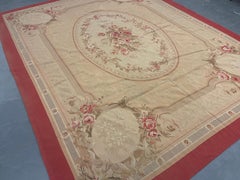 Handmade Aubusson Rug 1980 French-  Carpet Vintage Pink and Beige Wool Rugs
