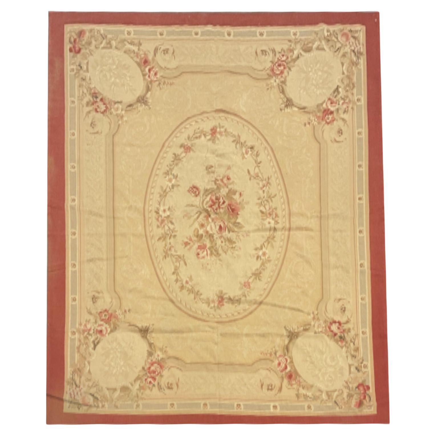 Alfombra de Aubusson hecha a mano 1980 Francés-  Alfombra Vintage Alfombras de lana rosa y beige en venta
