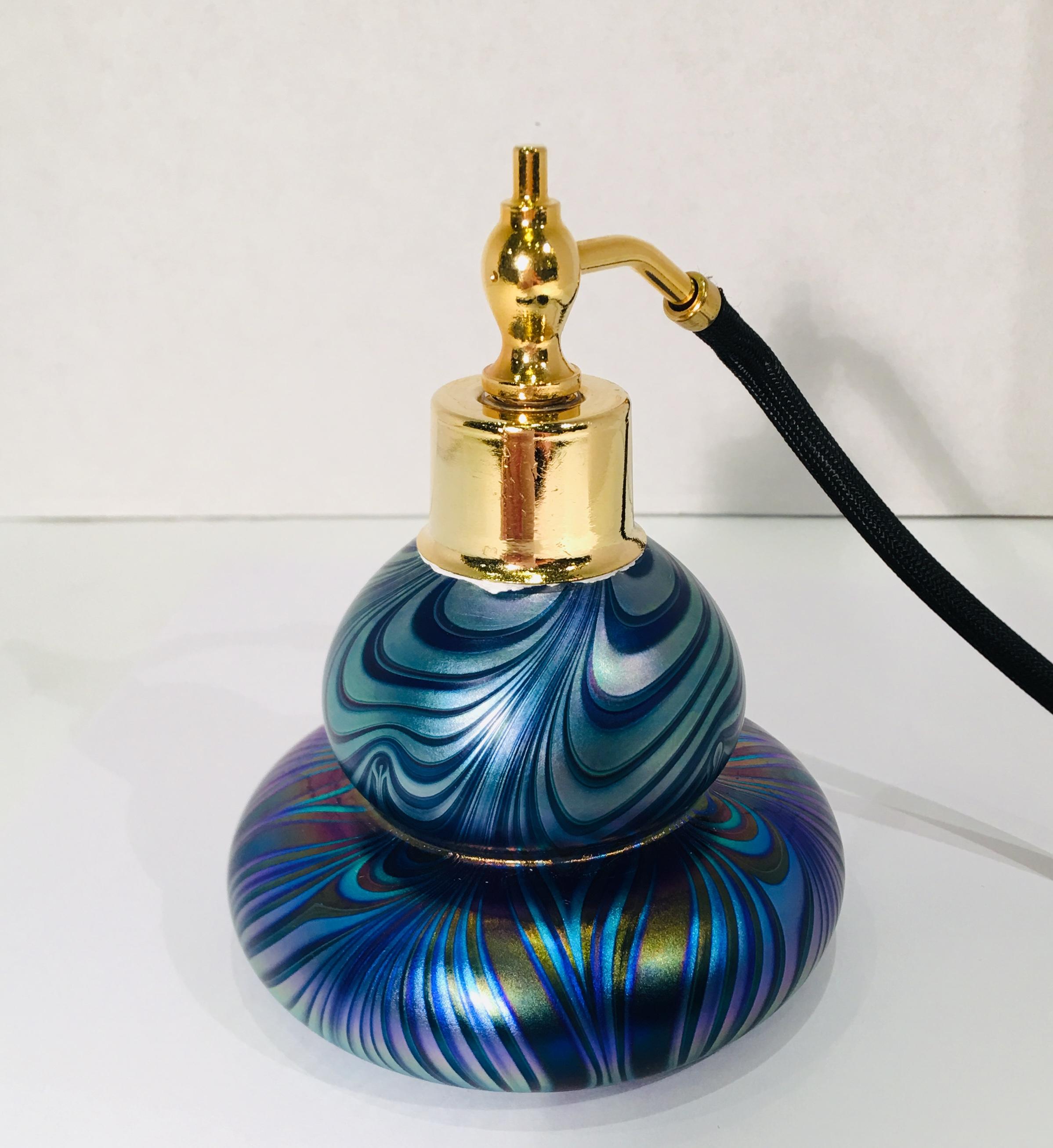 Hand-Crafted Handmade Austrian Art Glass Perfume Bottle Atomizer Signed Oskar Karla from 1986 For Sale