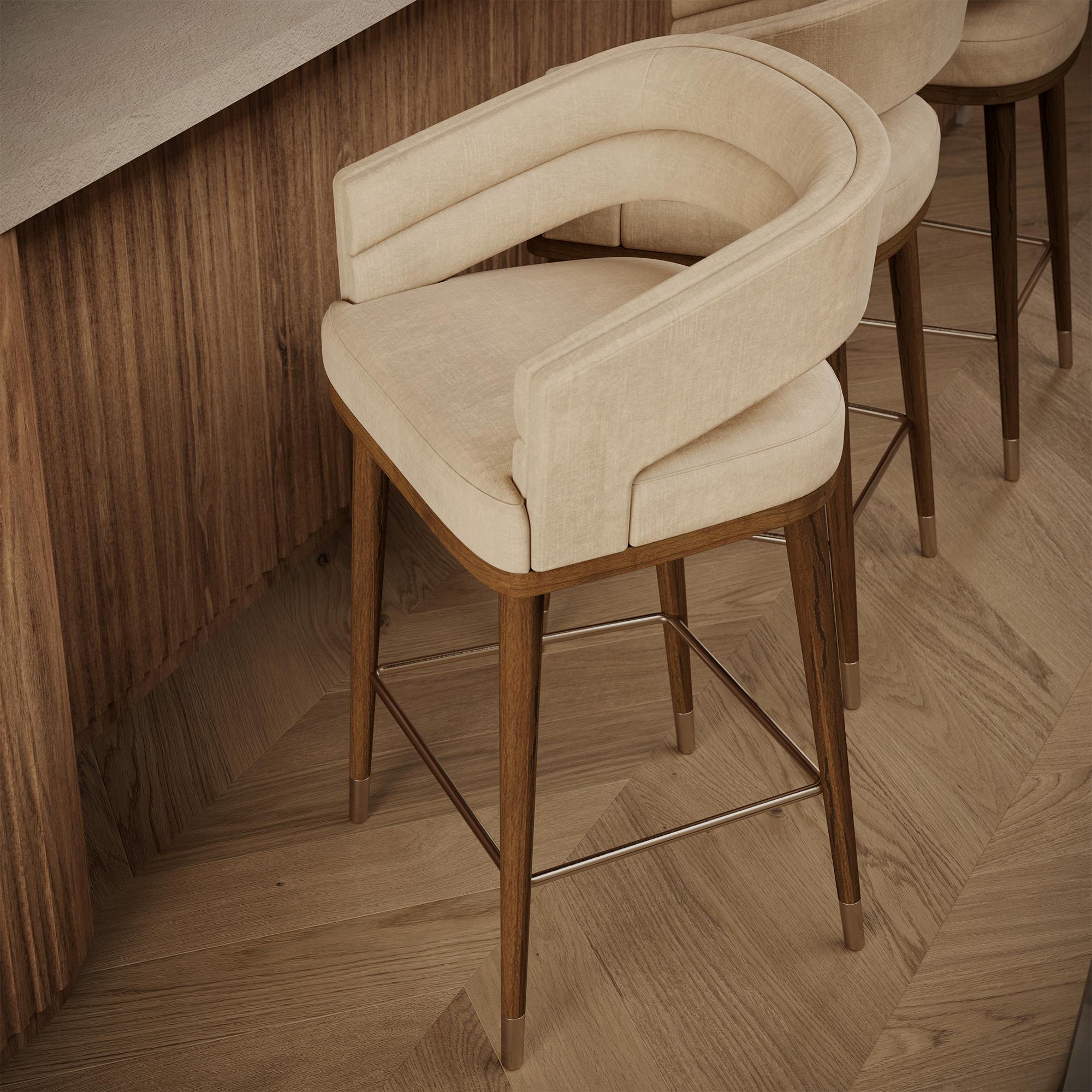 Organic Modern Handmade Ava Bar Chair in Upholstered Linen with Walnut Frame by Nolita Harbour For Sale