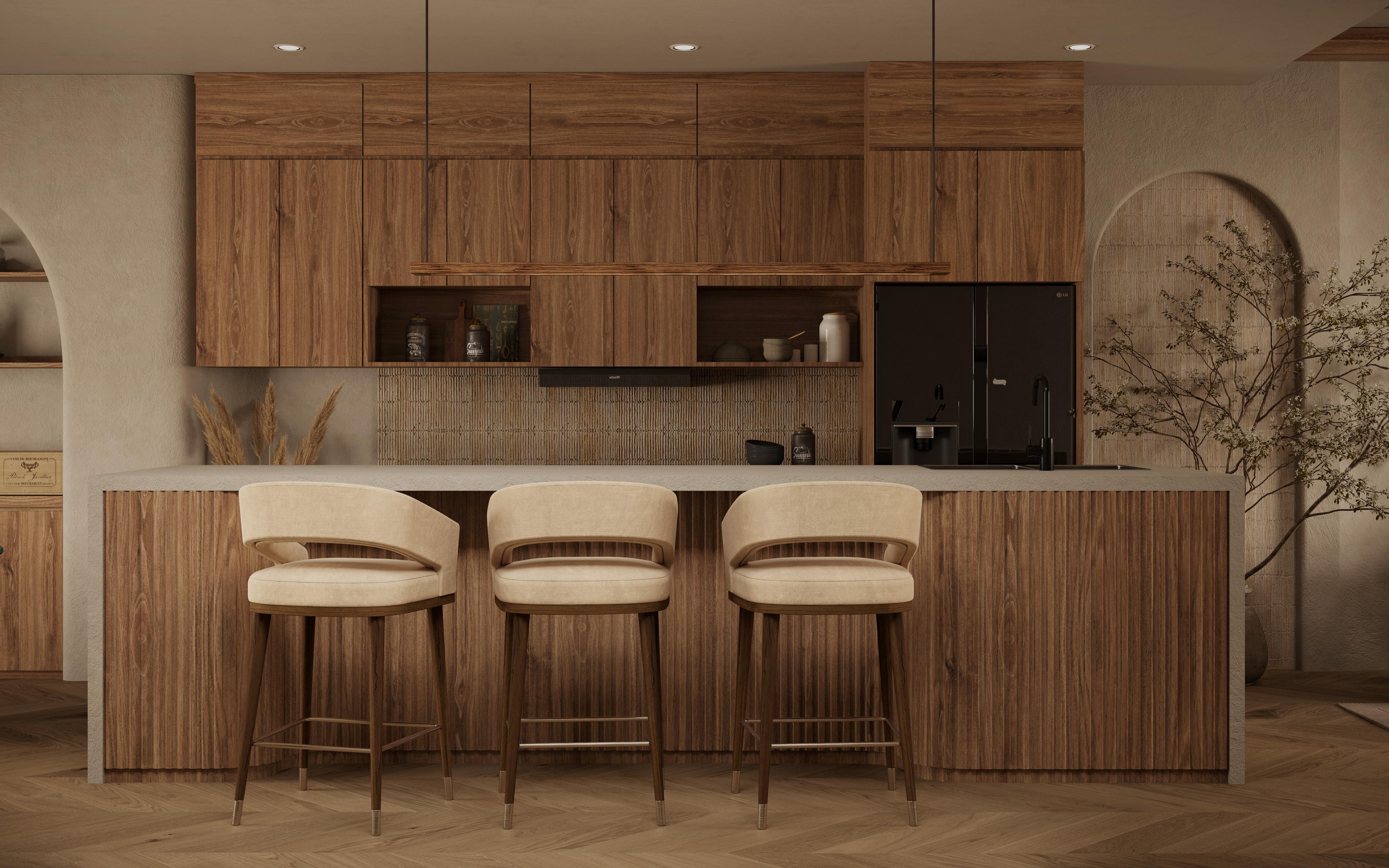 Organique Chaise de bar Ava faite main en lin tapissé avec structure en noyer par Nolita Harbour en vente