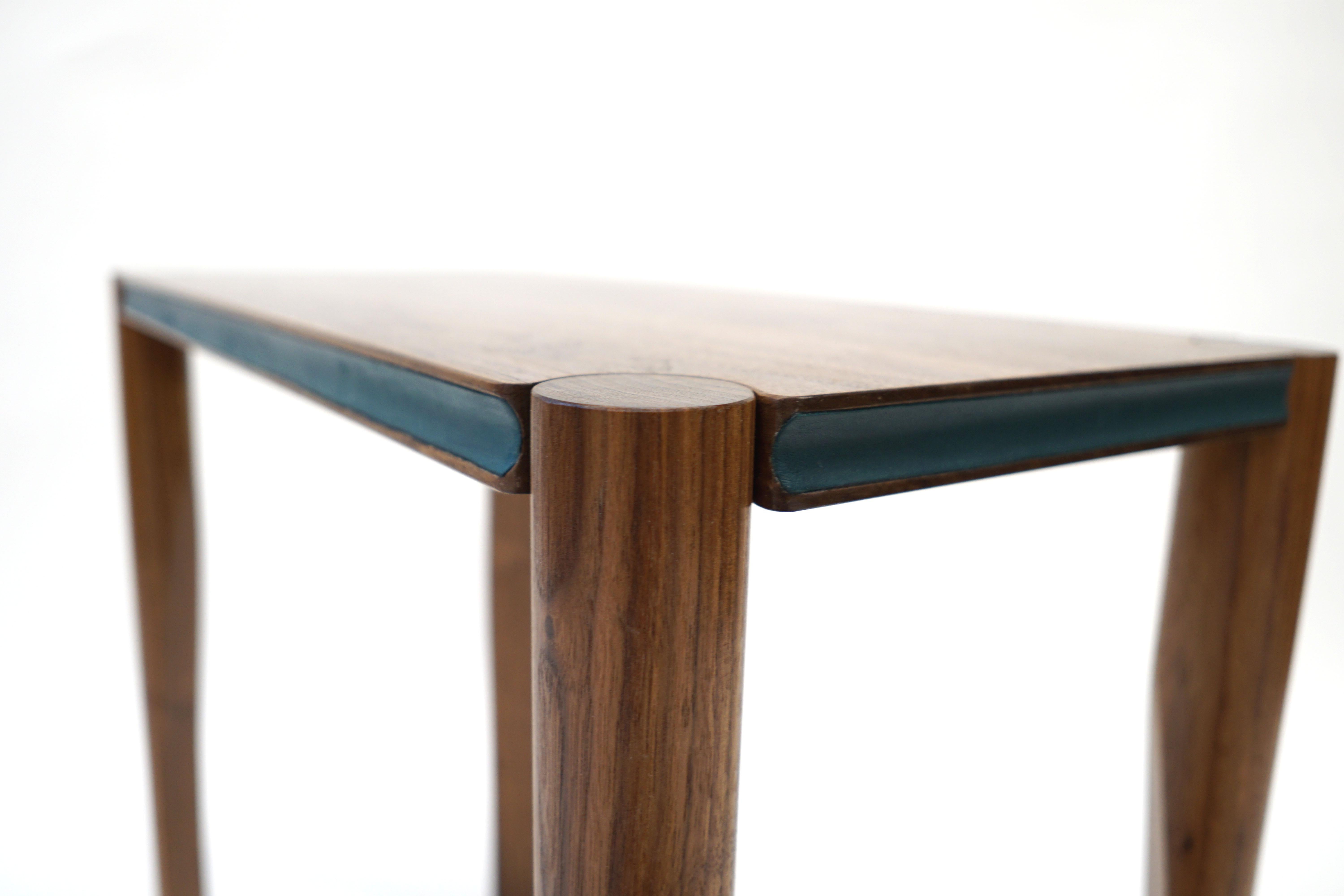 Aviateur Side Table, Handcrafted in Walnut, Accented Cove in Green Leather For Sale 4