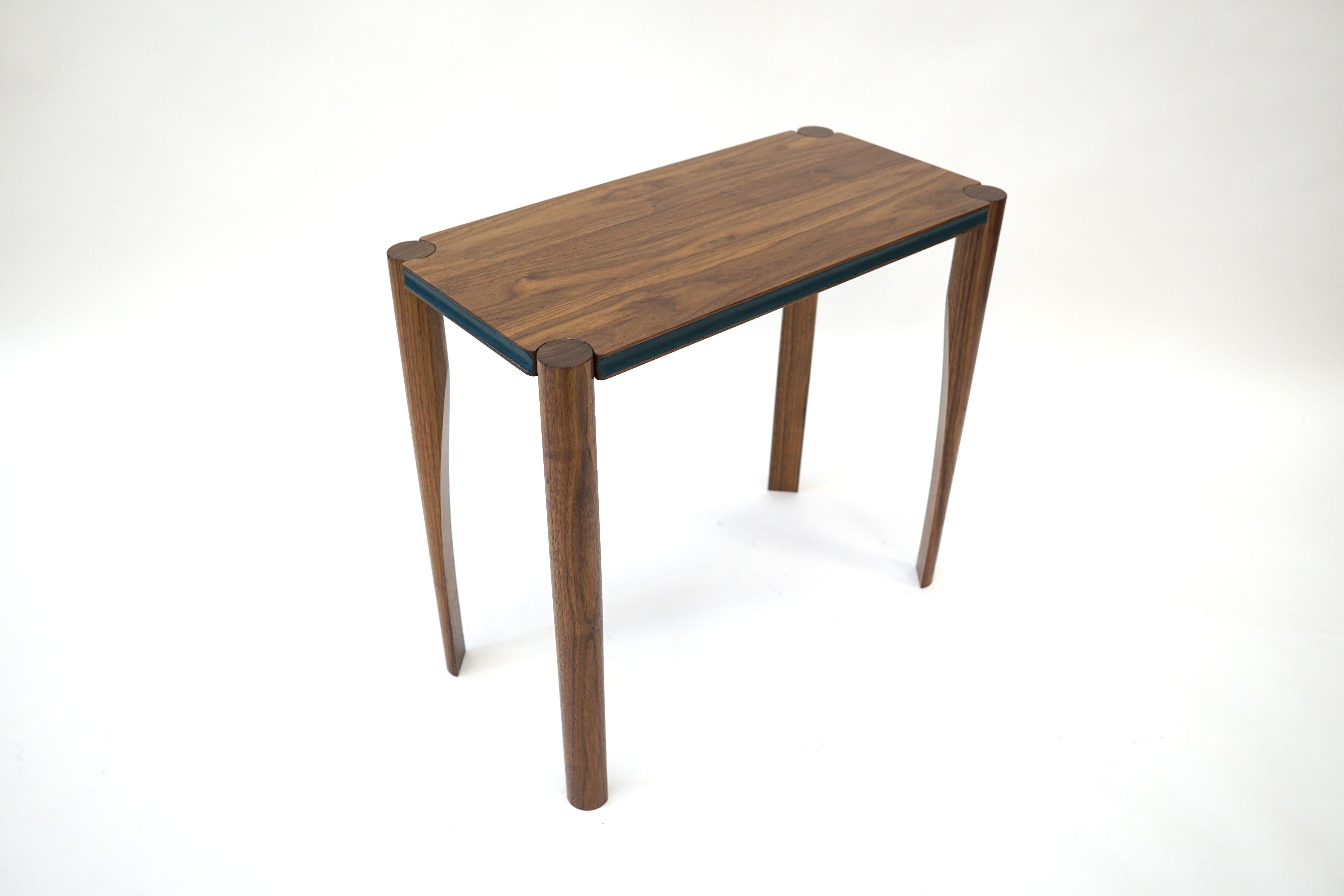 Aviateur Side Table, Handcrafted in Walnut, Accented Cove in Green Leather For Sale 9