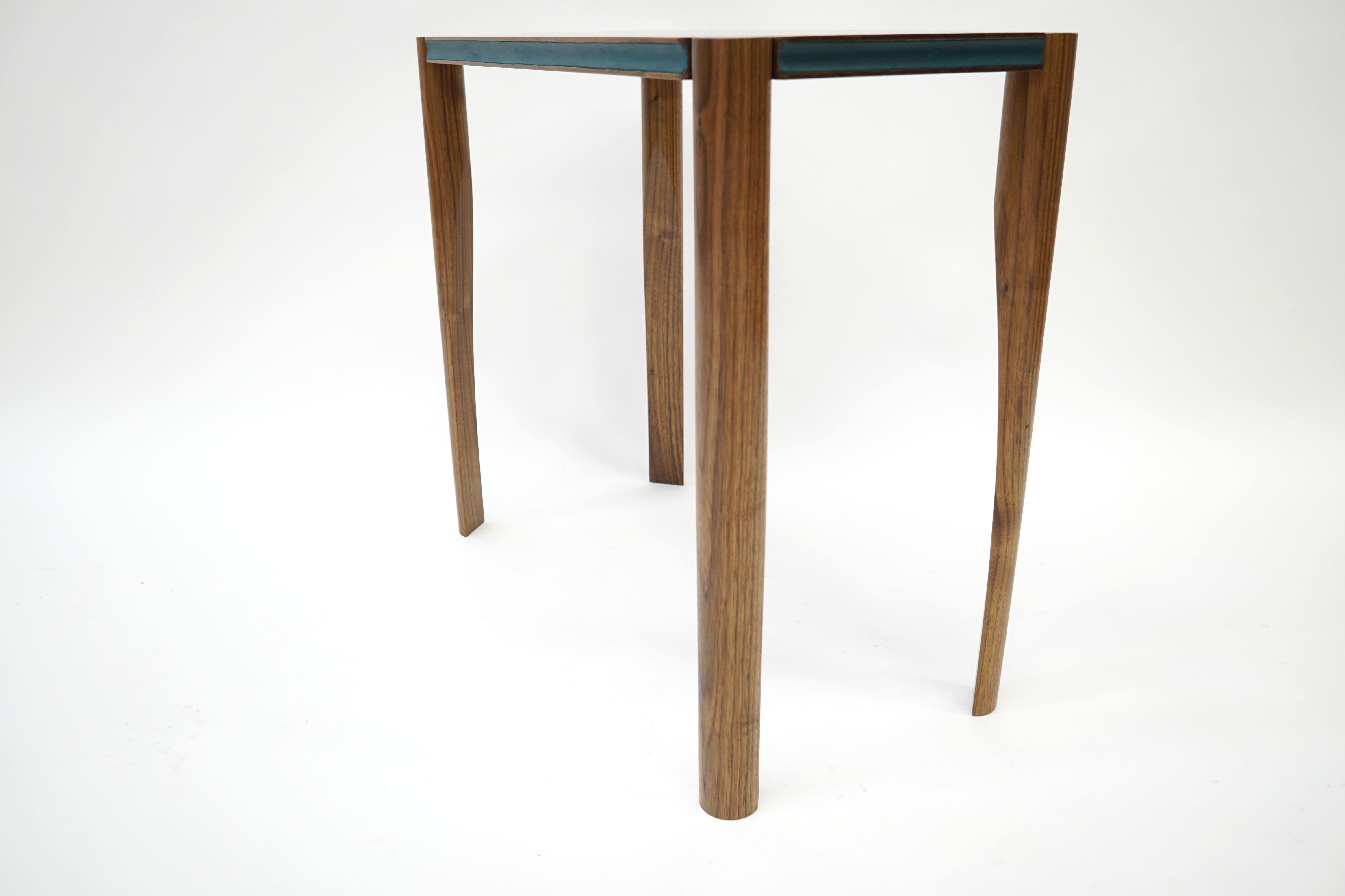 American Aviateur Side Table, Handcrafted in Walnut, Accented Cove in Green Leather For Sale