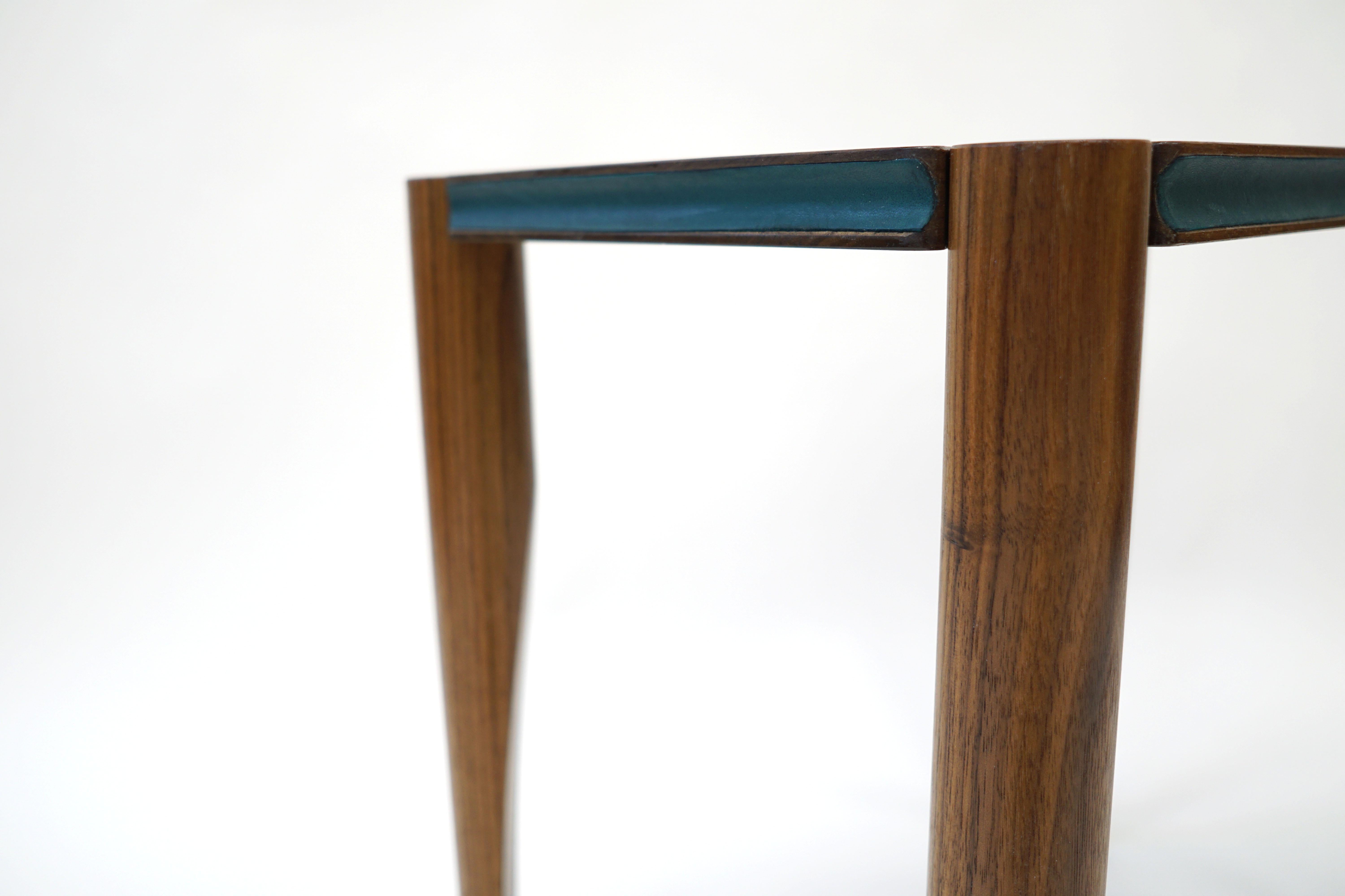 Hand-Crafted Aviateur Side Table, Handcrafted in Walnut, Accented Cove in Green Leather For Sale