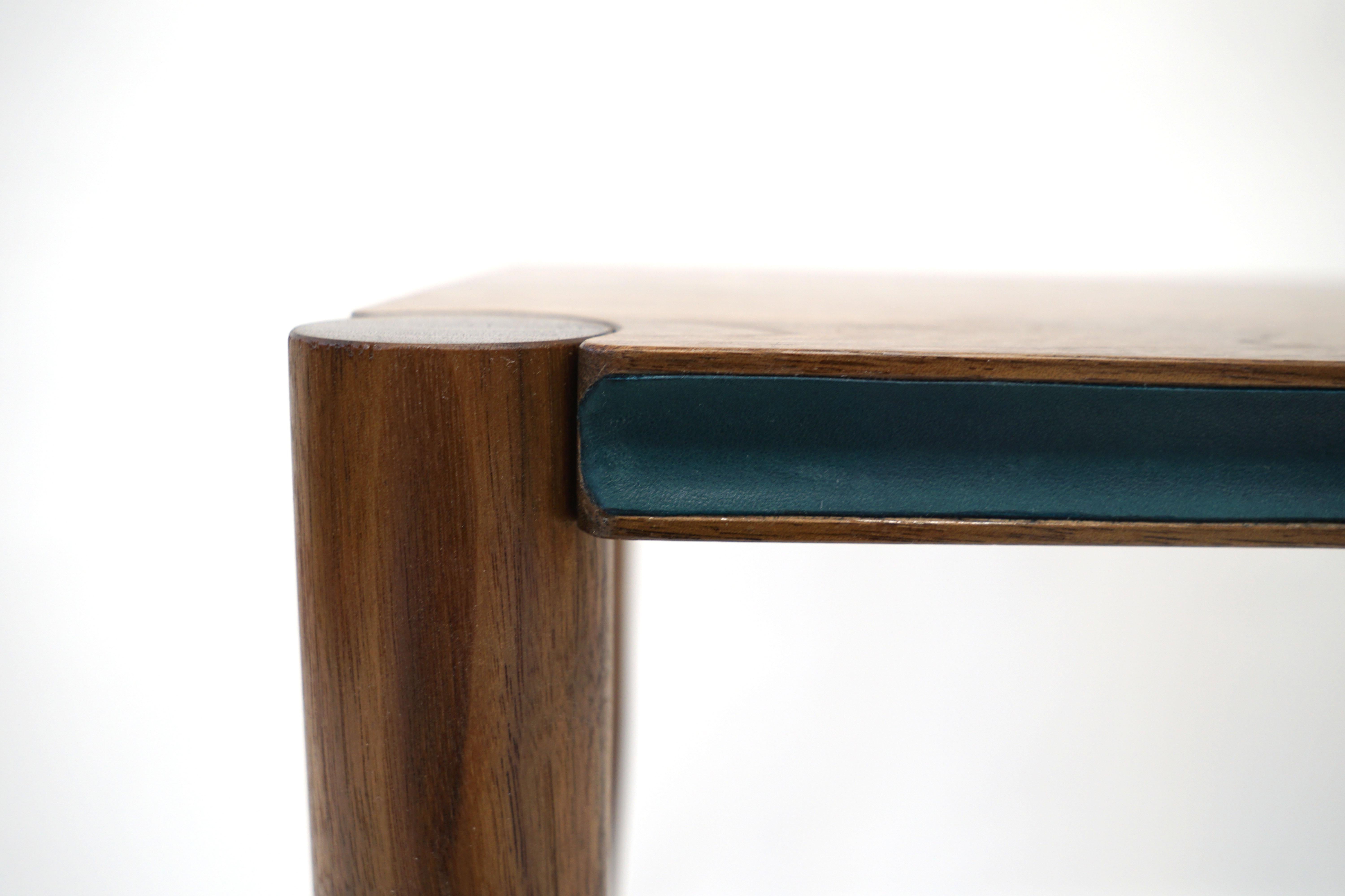 Contemporary Aviateur Side Table, Handcrafted in Walnut, Accented Cove in Green Leather For Sale
