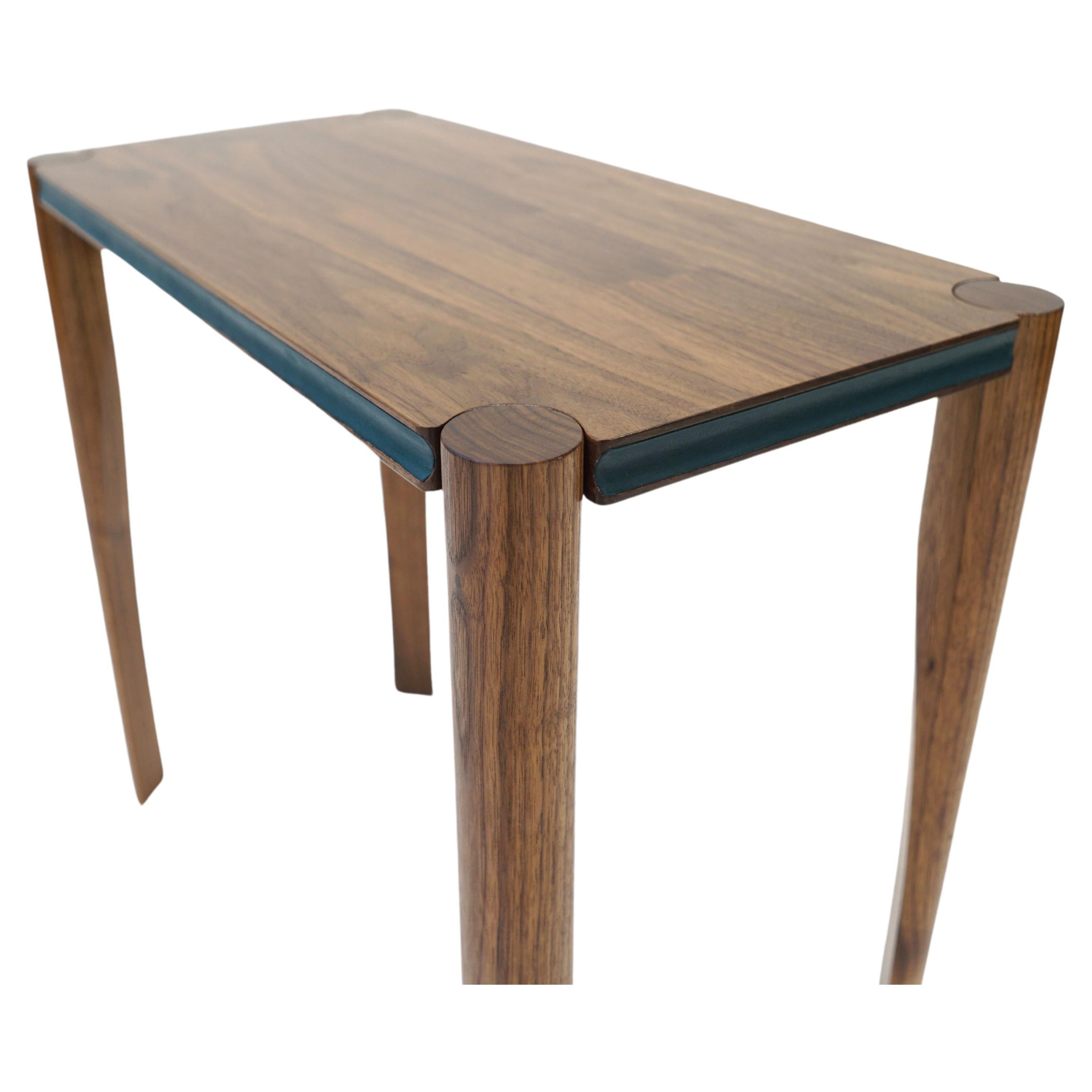 Aviateur Side Table, Handcrafted in Walnut, Accented Cove in Green Leather